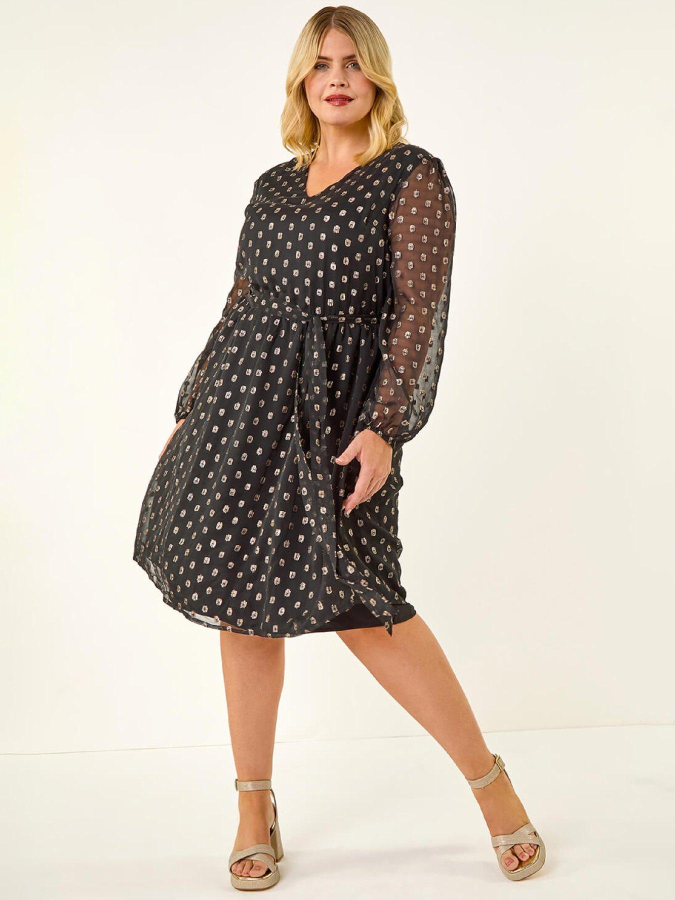 Roman Curve Polka Dot Dress - Black