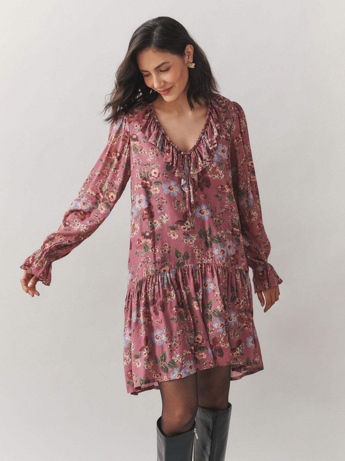 Laura Ashley Pleat Front Ruffle Sleeve Mini Dress - Pink