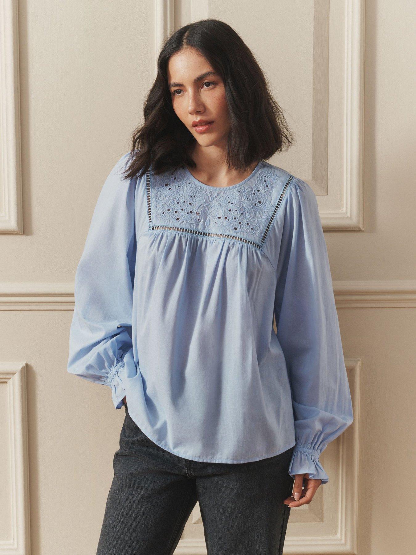 Laura Ashley Embroidered Balloon Sleeve Blouse - Light Blue