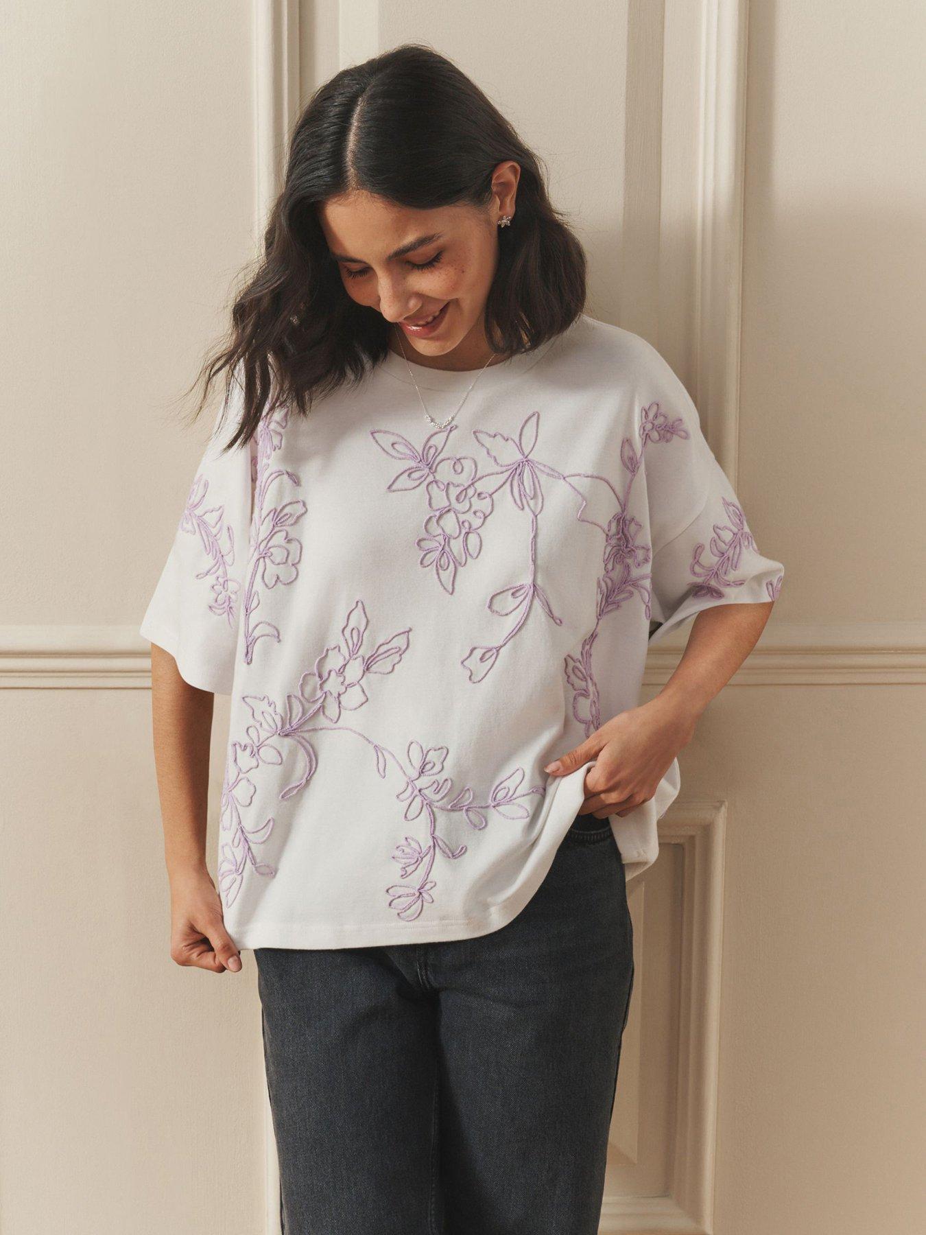 Laura Ashley Embroidered Placement T-Shirt - Purple