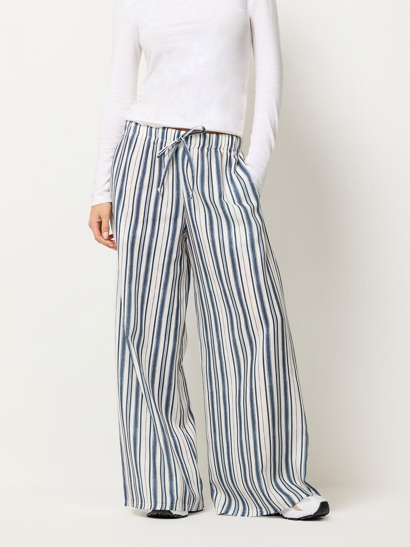 Image 1 of 5 of PixieGirl Petite Stripe Wide Leg Trousers - Blue