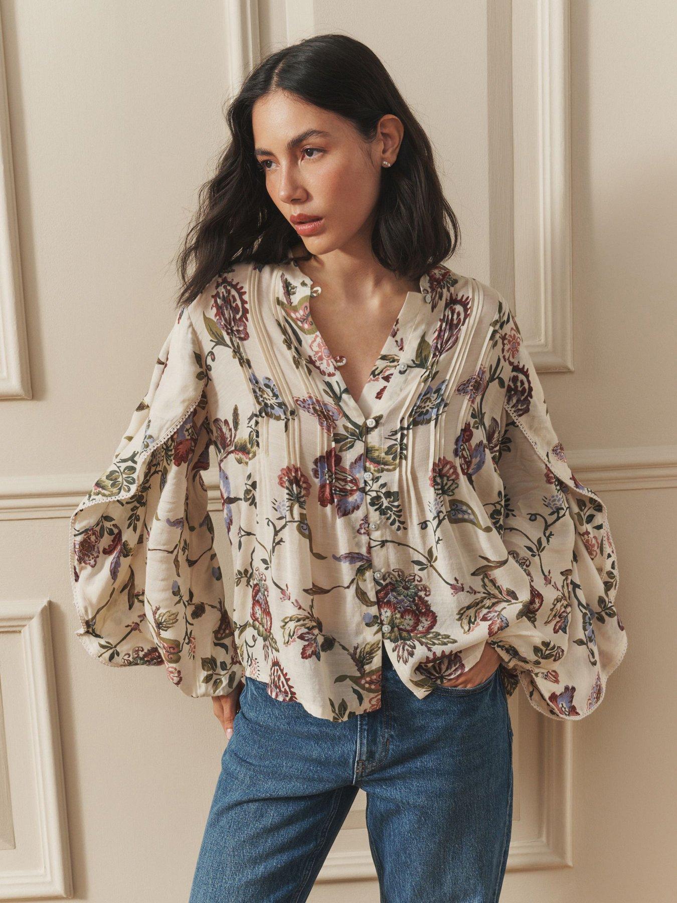 Laura Ashley Pleat Front Ruffle Sleeve Blouse - Multi