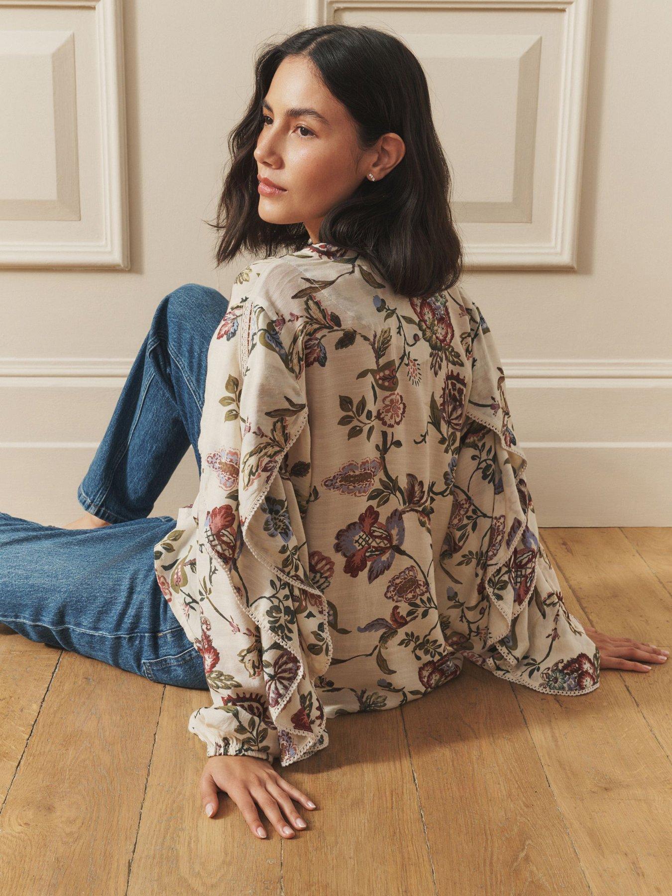  image of laura-ashley-pleat-front-ruffle-sleeve-blouse-multi