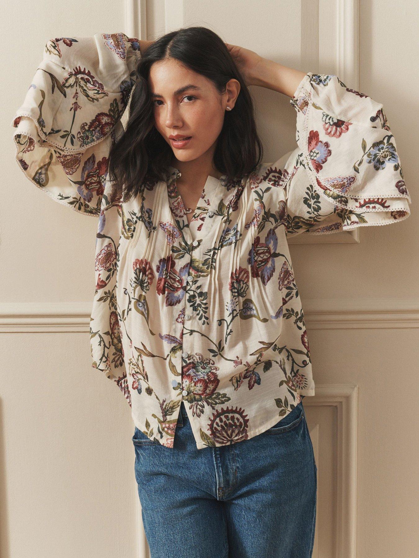  image of laura-ashley-pleat-front-ruffle-sleeve-blouse-multi