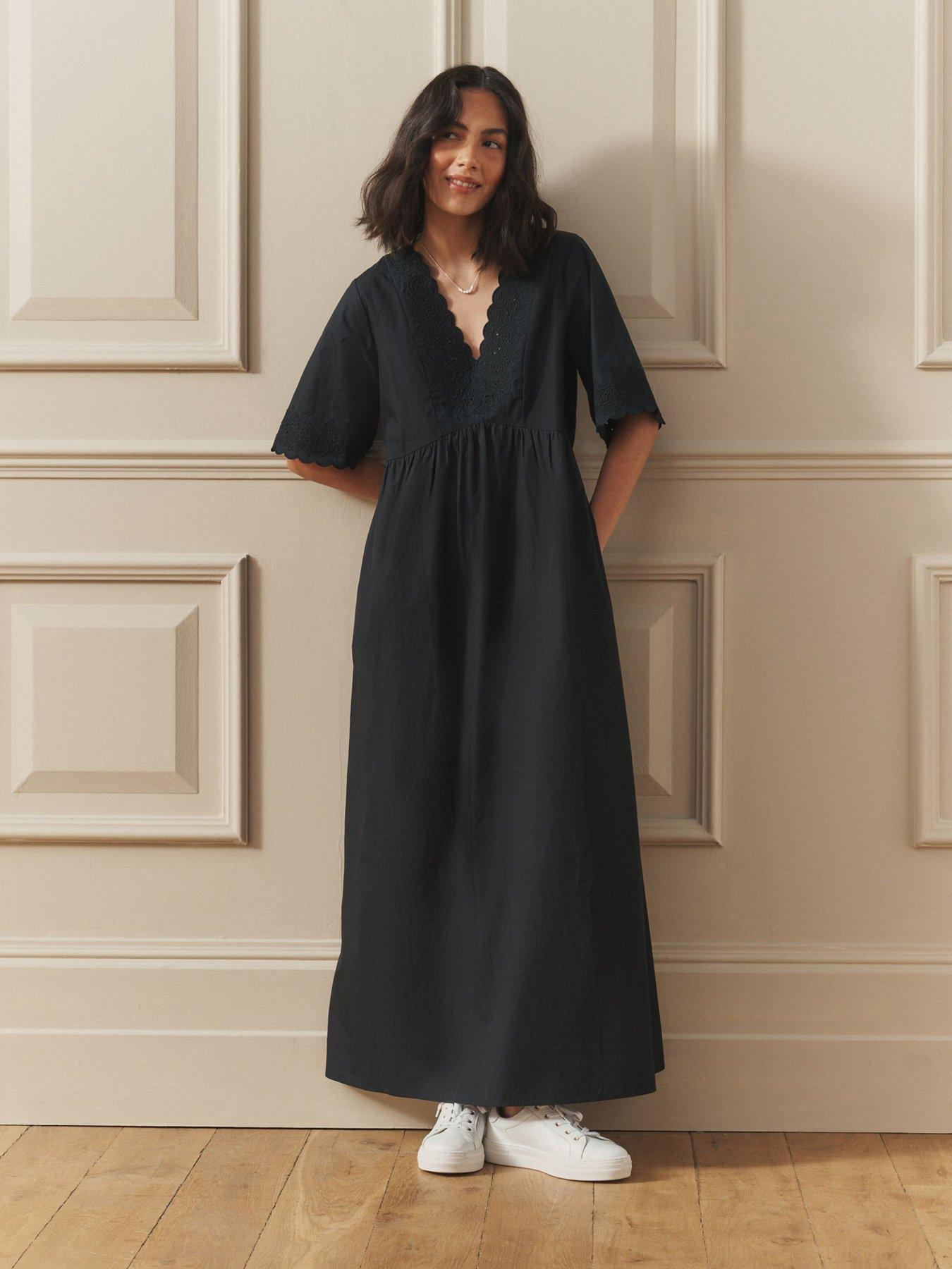 Image 1 of 7 of Laura Ashley Broderie Cotton Midi Dress - Black