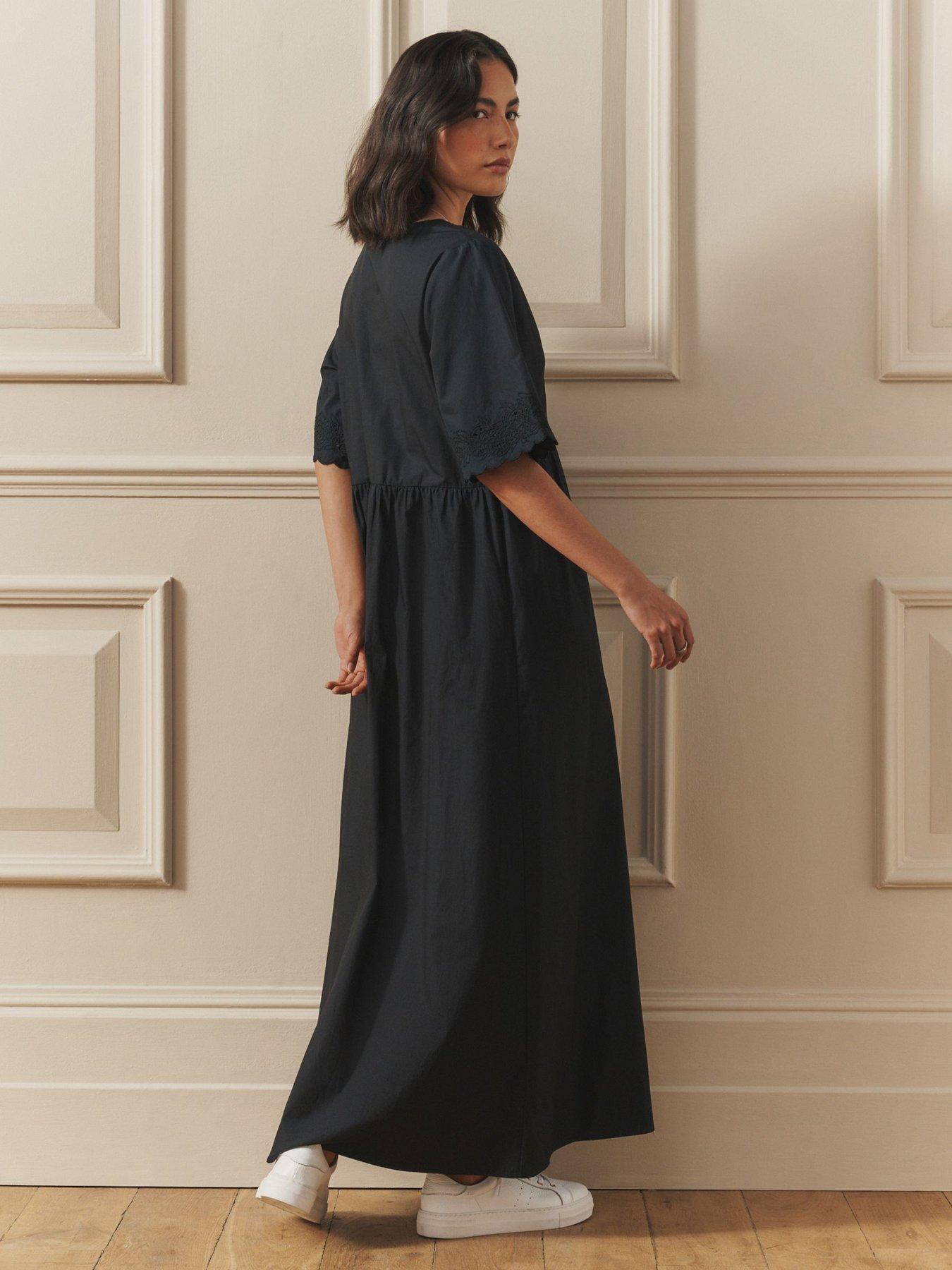 Image 2 of 7 of Laura Ashley Broderie Cotton Midi Dress - Black
