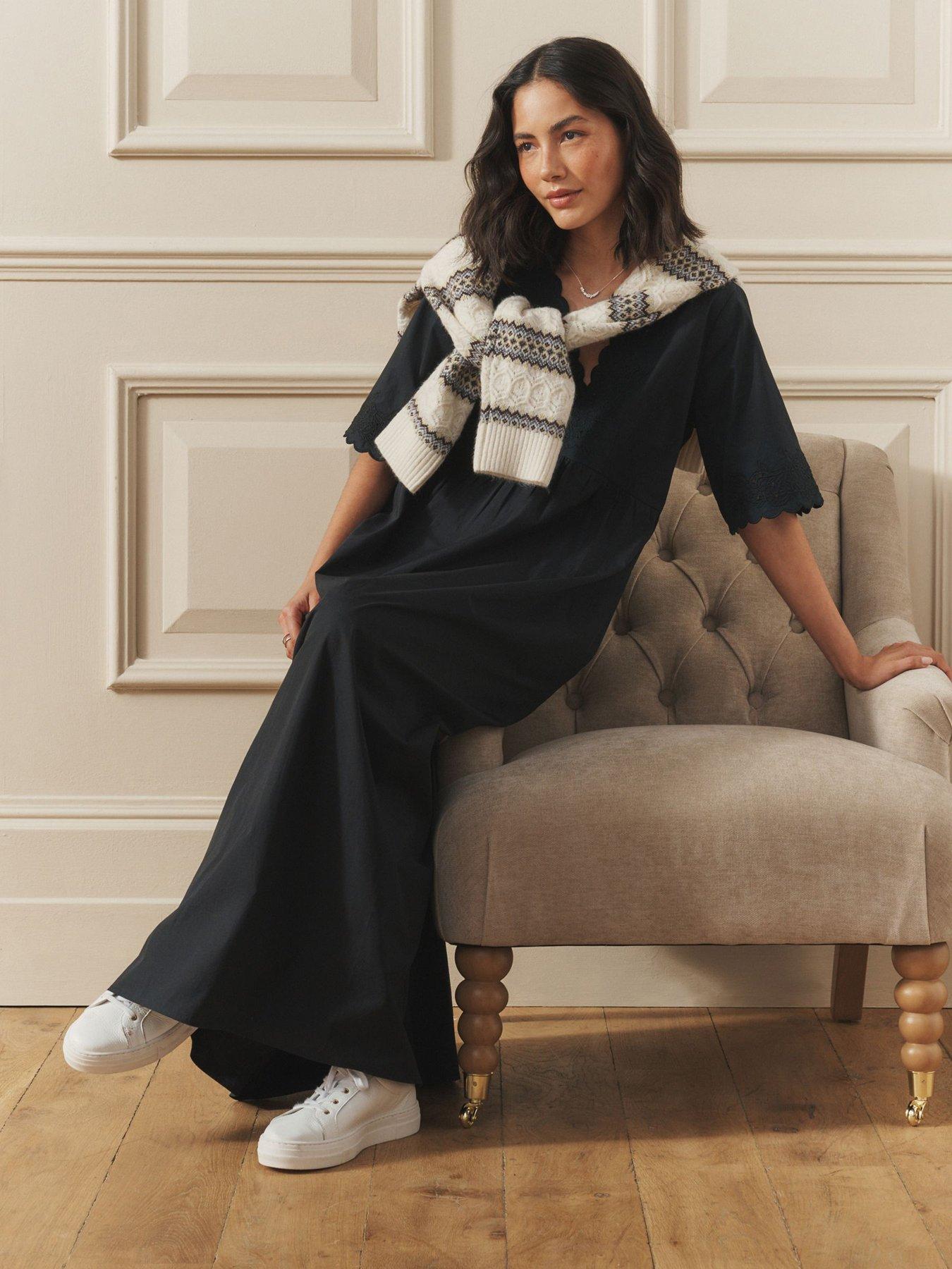 Image 3 of 7 of Laura Ashley Broderie Cotton Midi Dress - Black