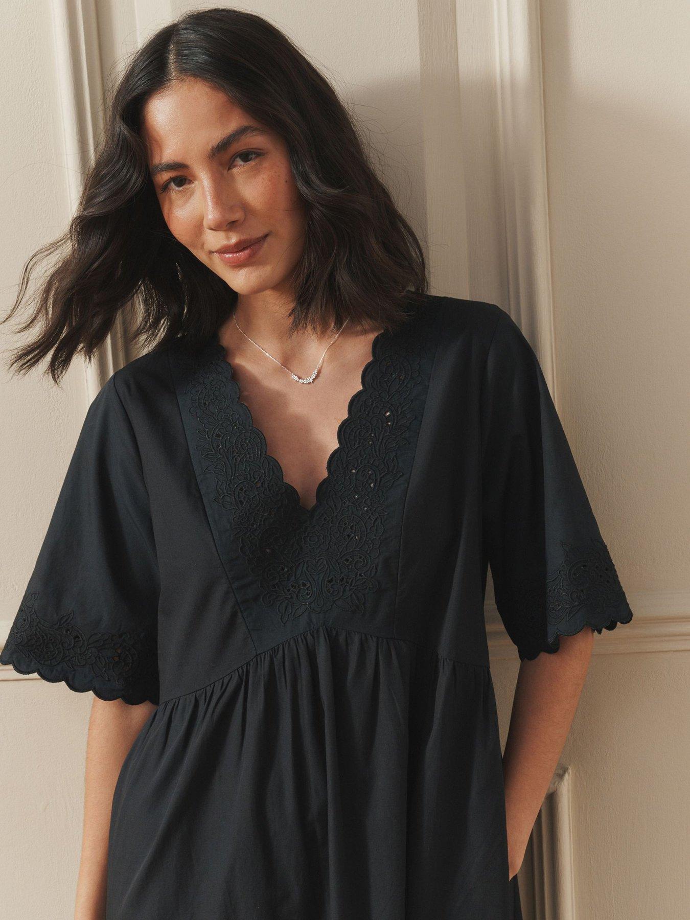 Image 4 of 7 of Laura Ashley Broderie Cotton Midi Dress - Black