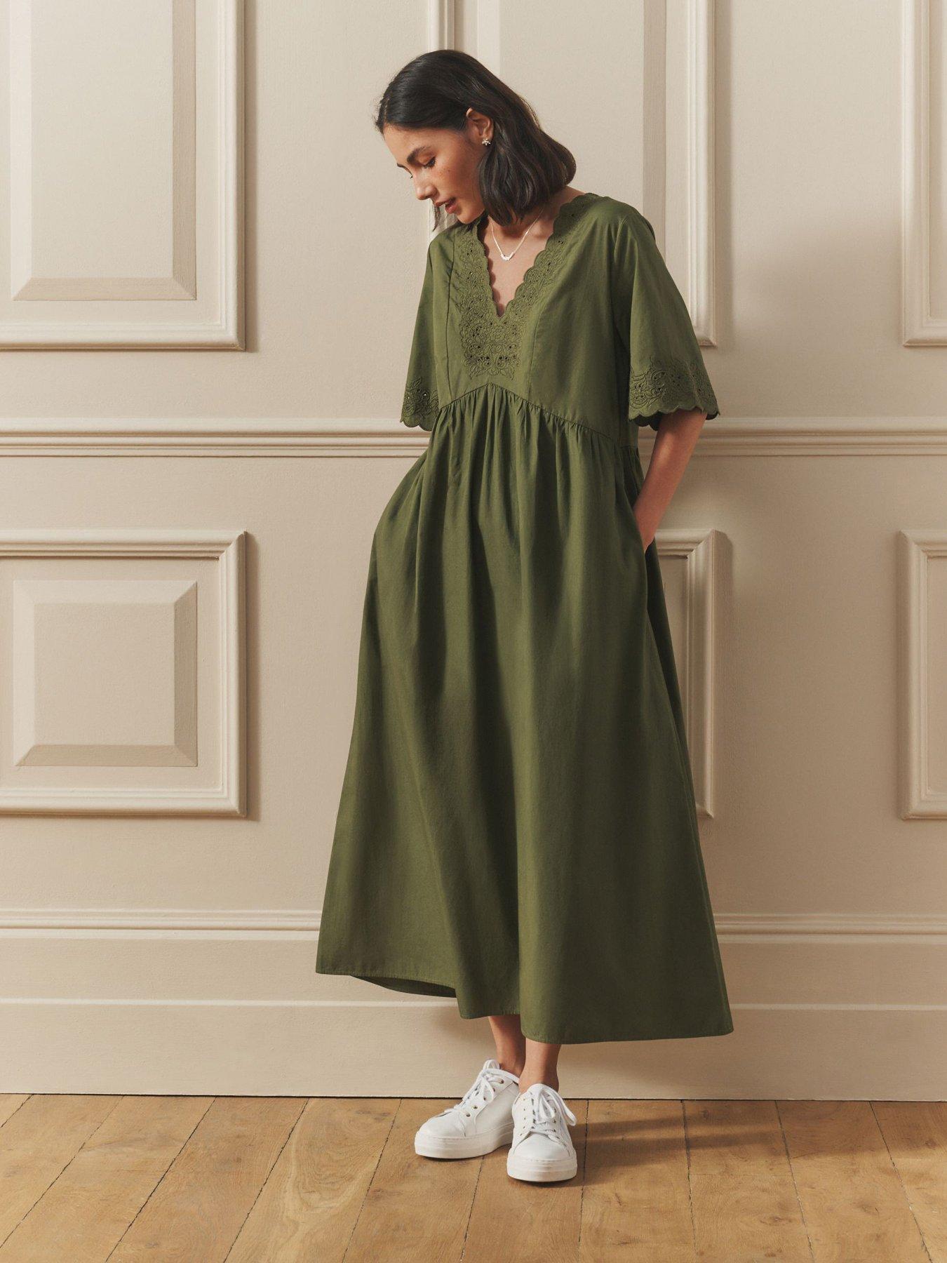 Laura Ashley Broderie Cotton Midi Dress - Green
