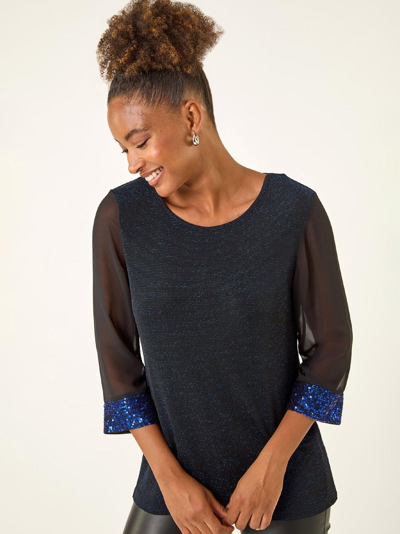 Image 3 of 5 of Roman Shimmer Sequin Cuff Top - Royal Blue