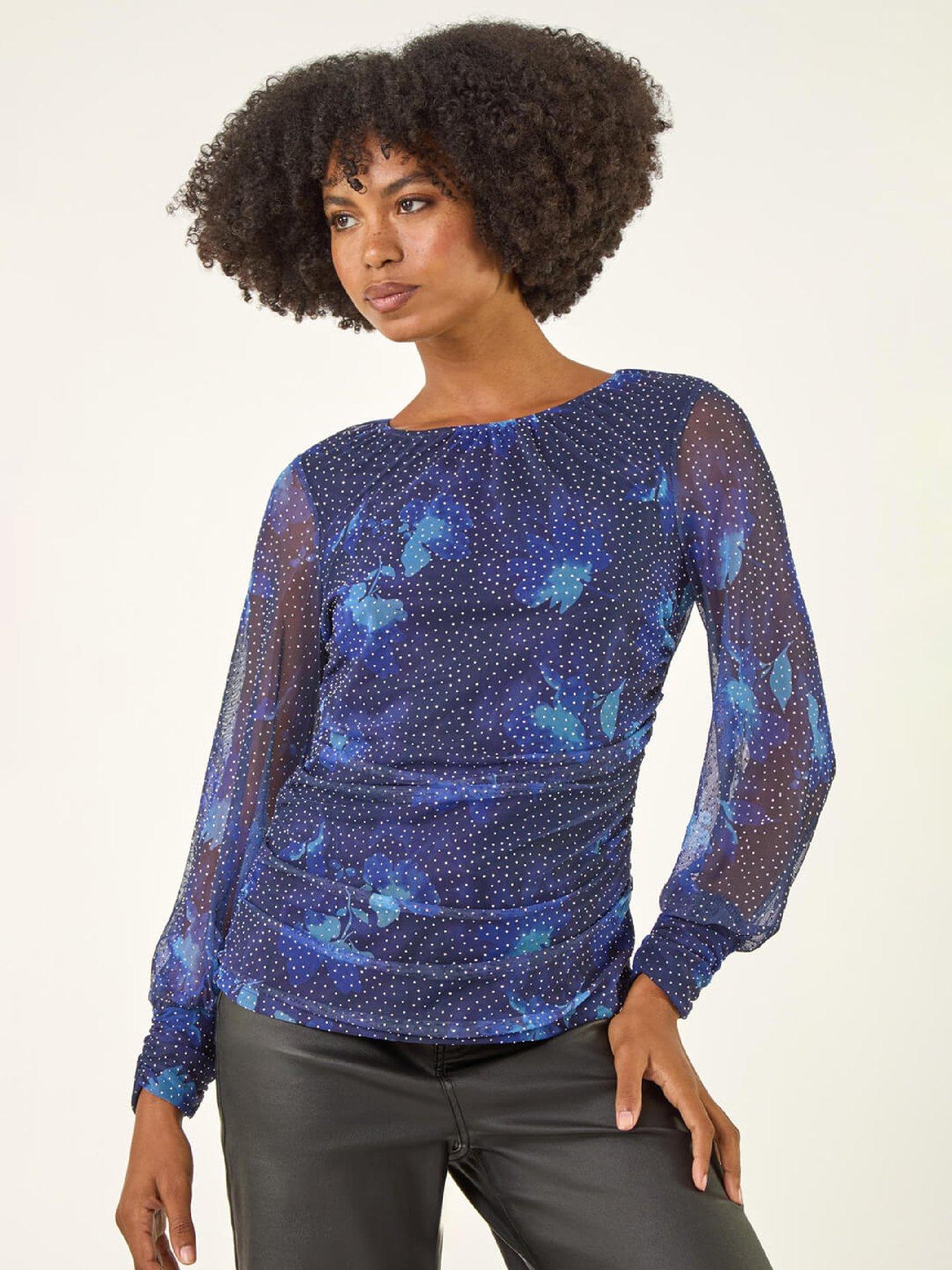 Roman Printed Stud Mesh Stretch Top - Navy