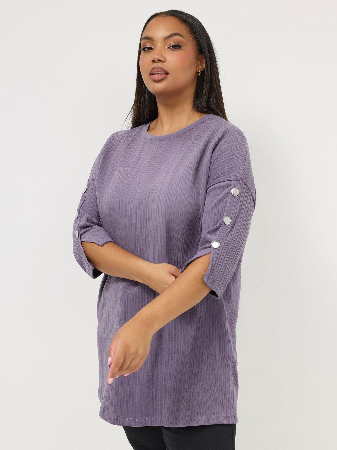 Yours Curve Ribbed Button Detail Top - Purple