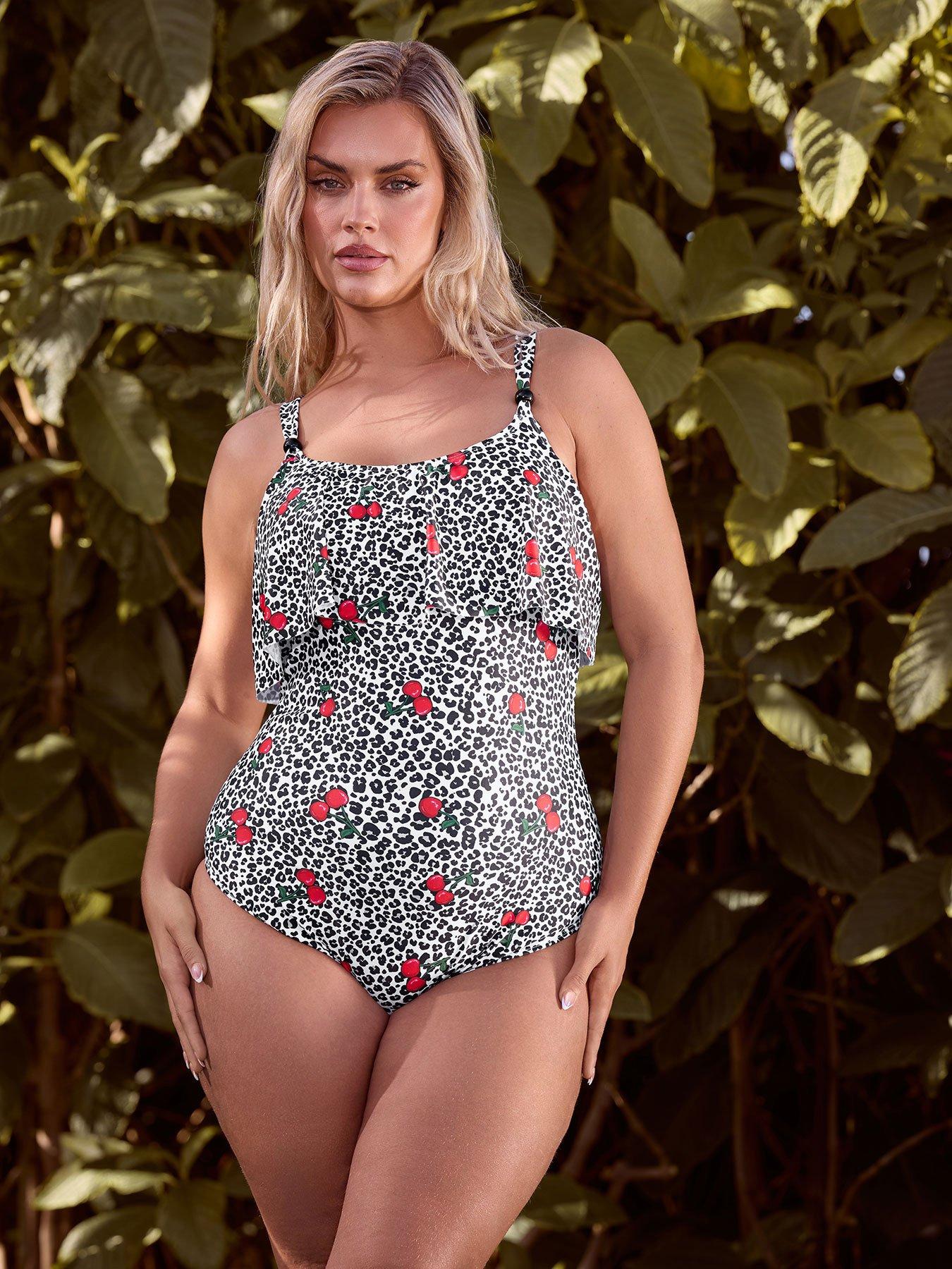 Image 1 of 6 of Yours Curve Cherry Leopard Frill Swimsuit