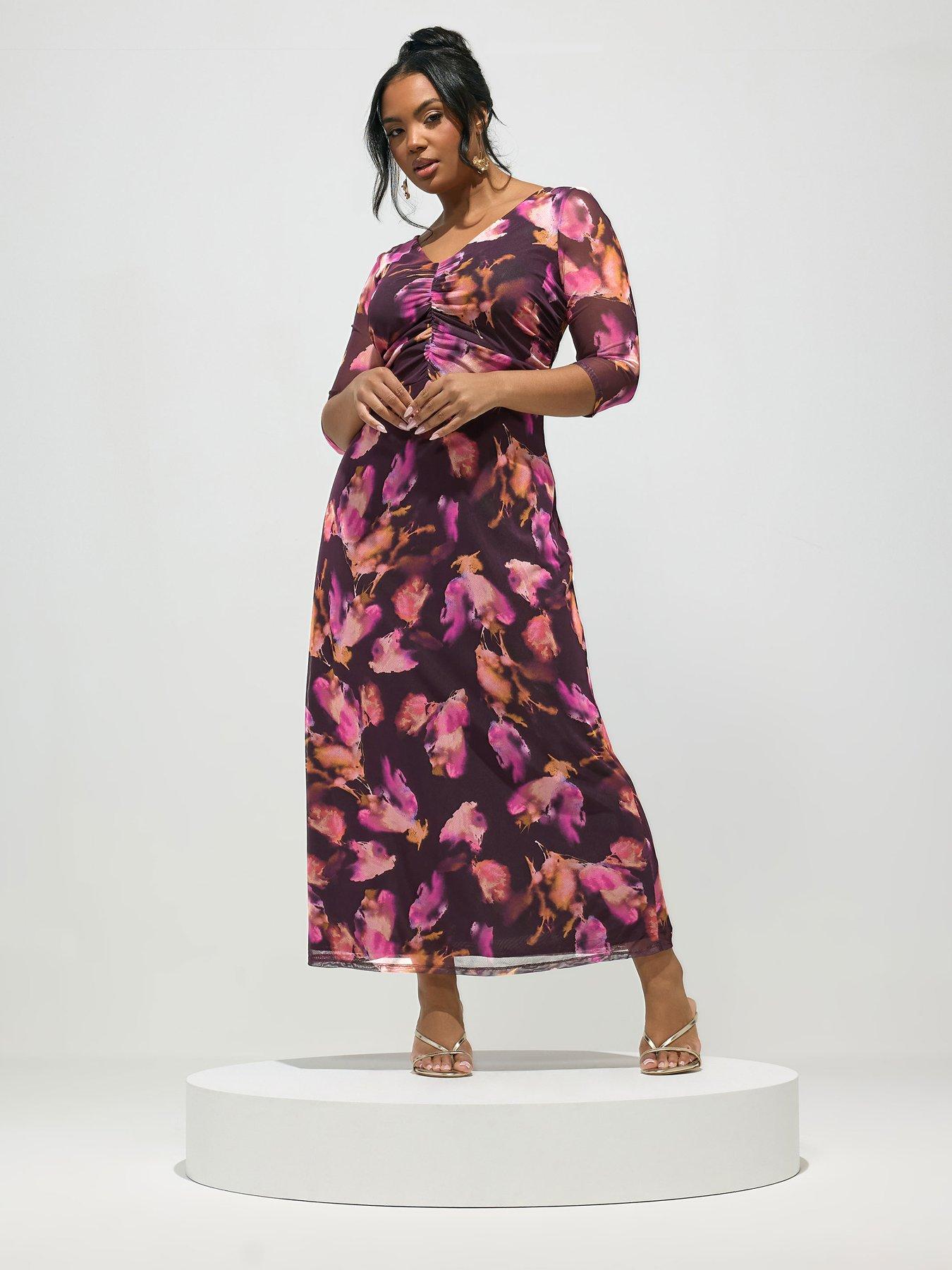 Yours Curve Abstract Gathered V-neck Mesh Dress