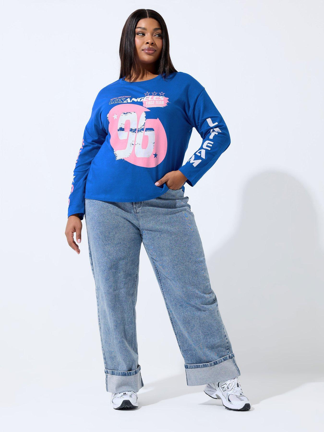 Image 3 of 5 of Yours Curve Sport Long Sleeve Boxy T-Shirt - Blue