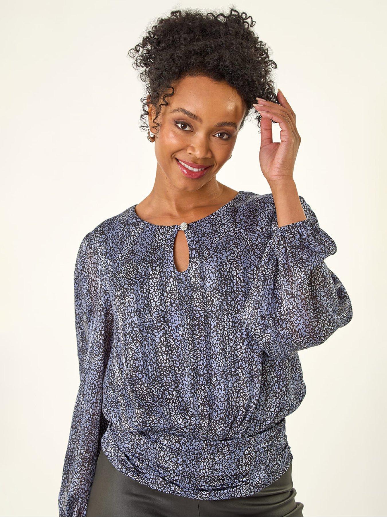 Image 1 of 5 of Roman Petite Animal Keyhole Buttoned Top - Black