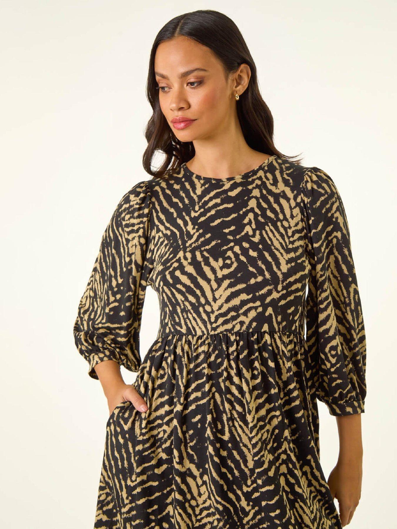 Image 4 of 5 of Roman Dusk Abstract Puff Sleeve Midi Dress - Black
