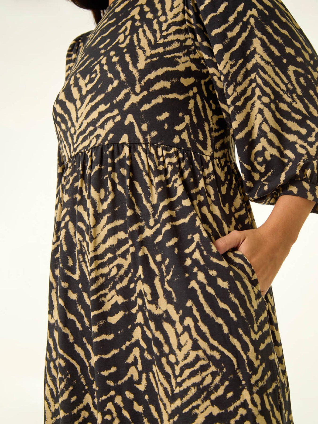 Image 5 of 5 of Roman Dusk Abstract Puff Sleeve Midi Dress - Black