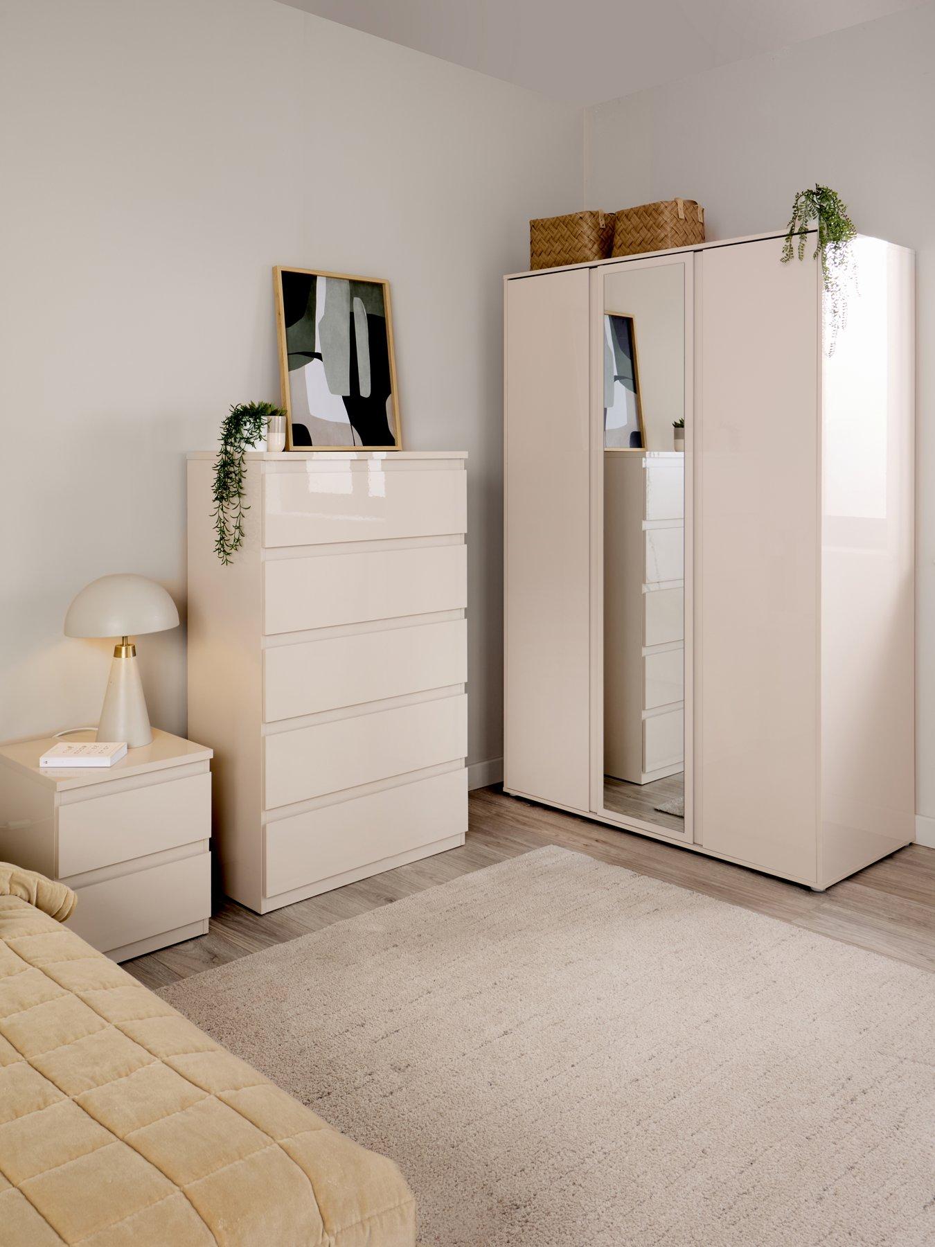 The Very Collection Layton Gloss Bedroom Furniture Package 3 Door Wardrobe, 5 Drawer Chest and 2 Drawer Bedside Chest