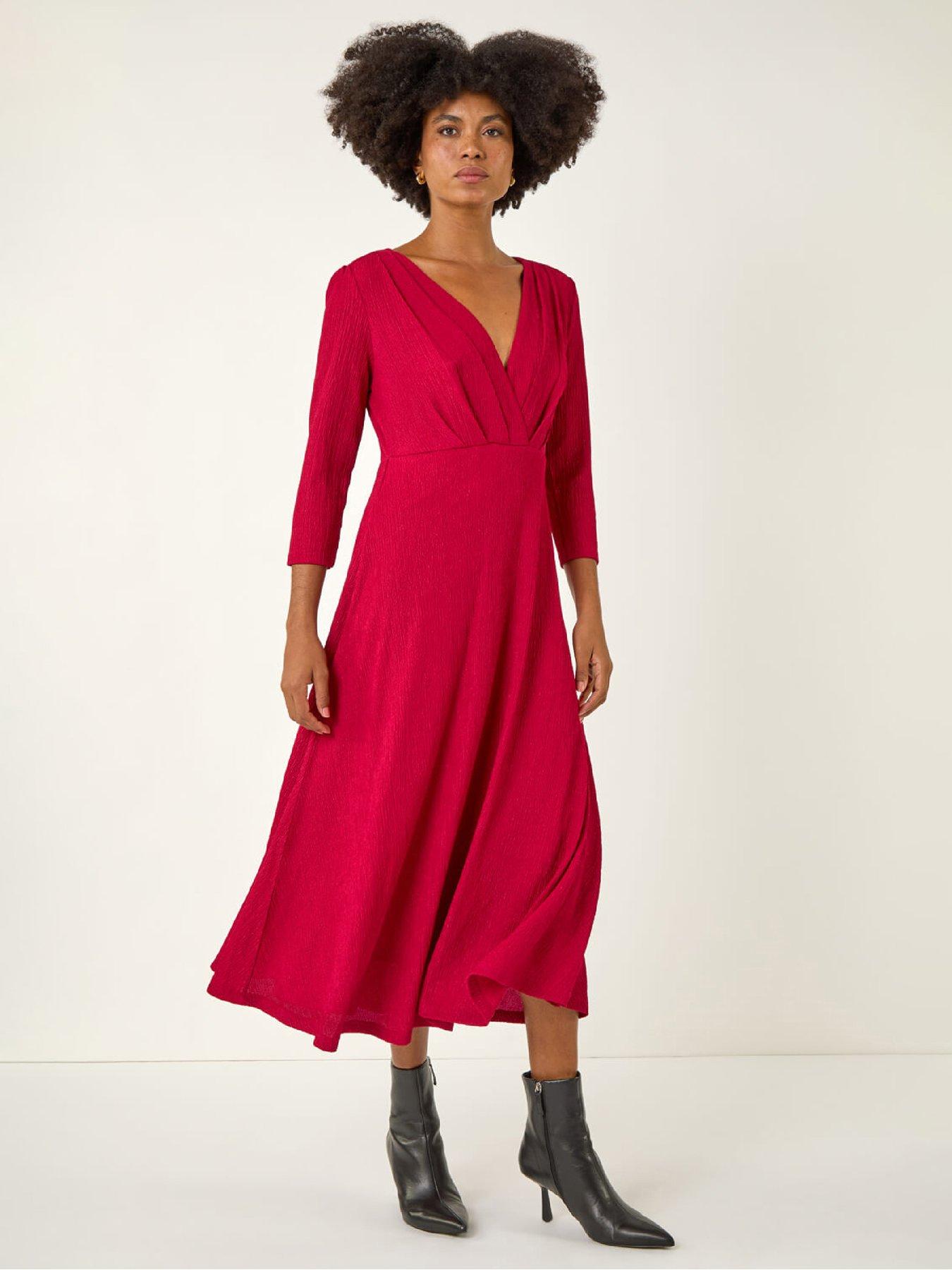 Image 1 of 5 of Roman Textured Wrap Midi Dress - Wine