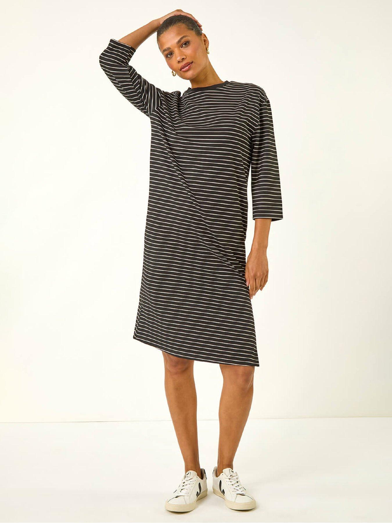 Roman Stripe Jersey Stretch T-shirt Dress - Black