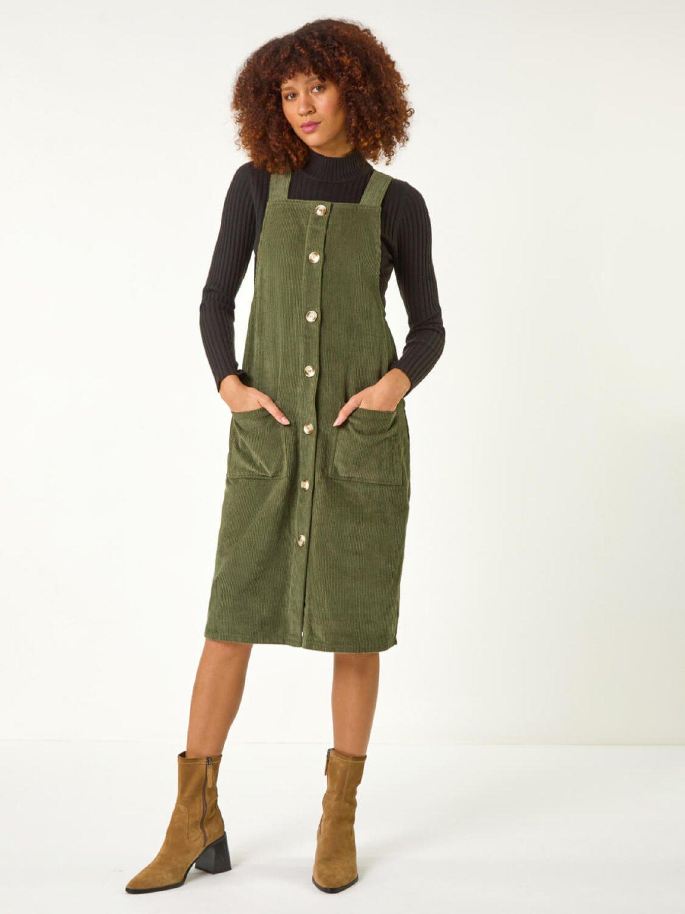 Roman Corduroy Pinafore Midi Dress - Khaki