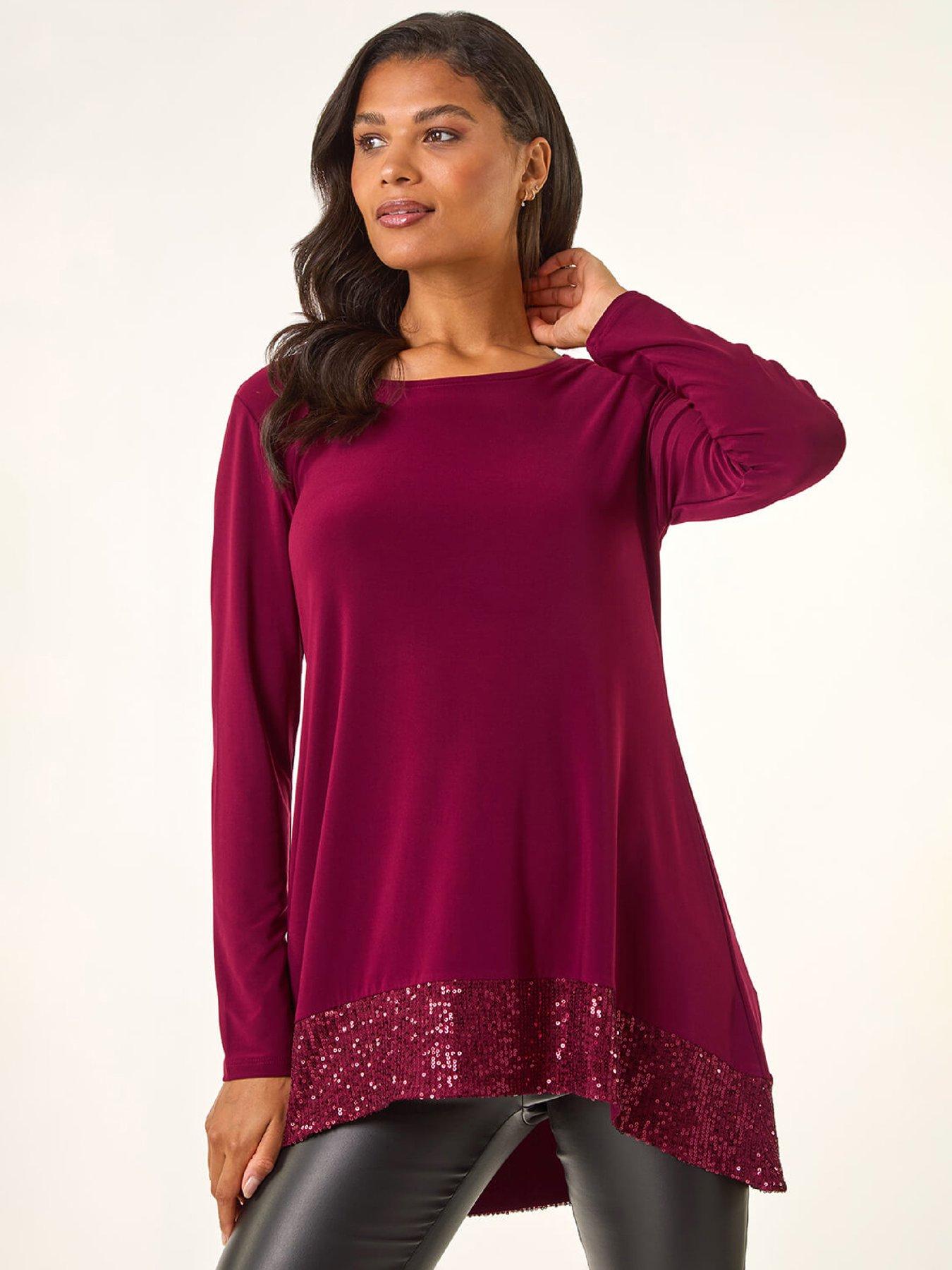 Image 1 of 5 of Roman Sequin Hem Tunic Stretch Top - Burgundy