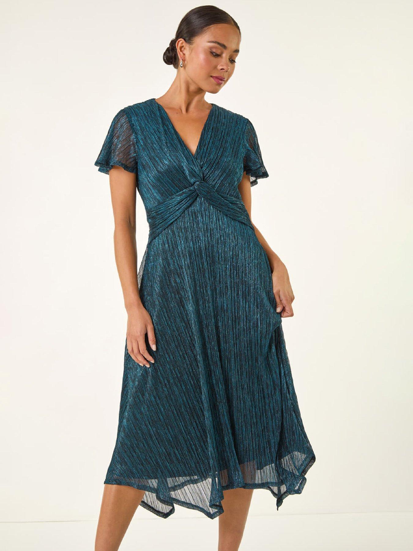 Roman Petite Shimmer Twist Front Midi Dress - Teal
