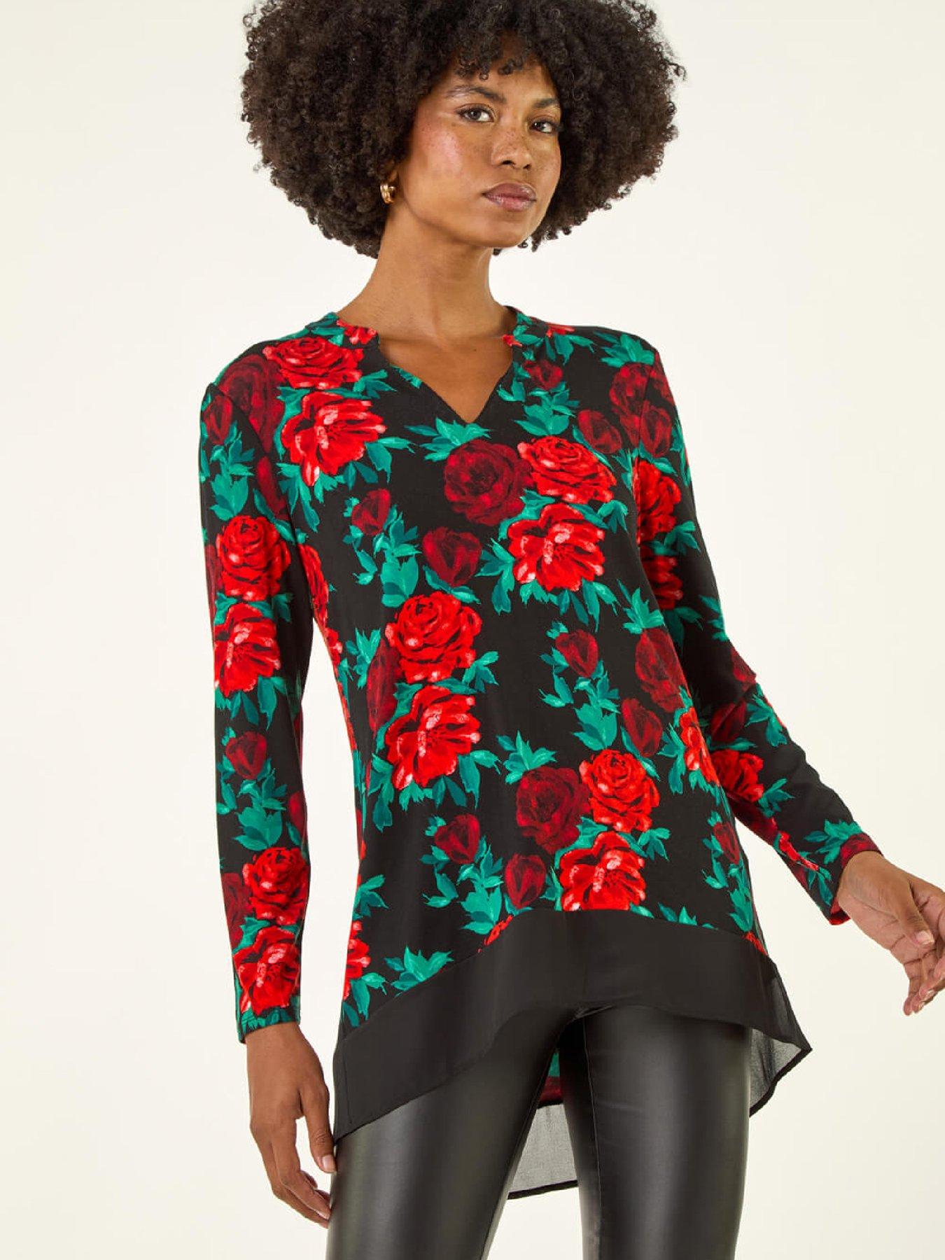 Roman Floral Print V-neck Chiffon Top - Red