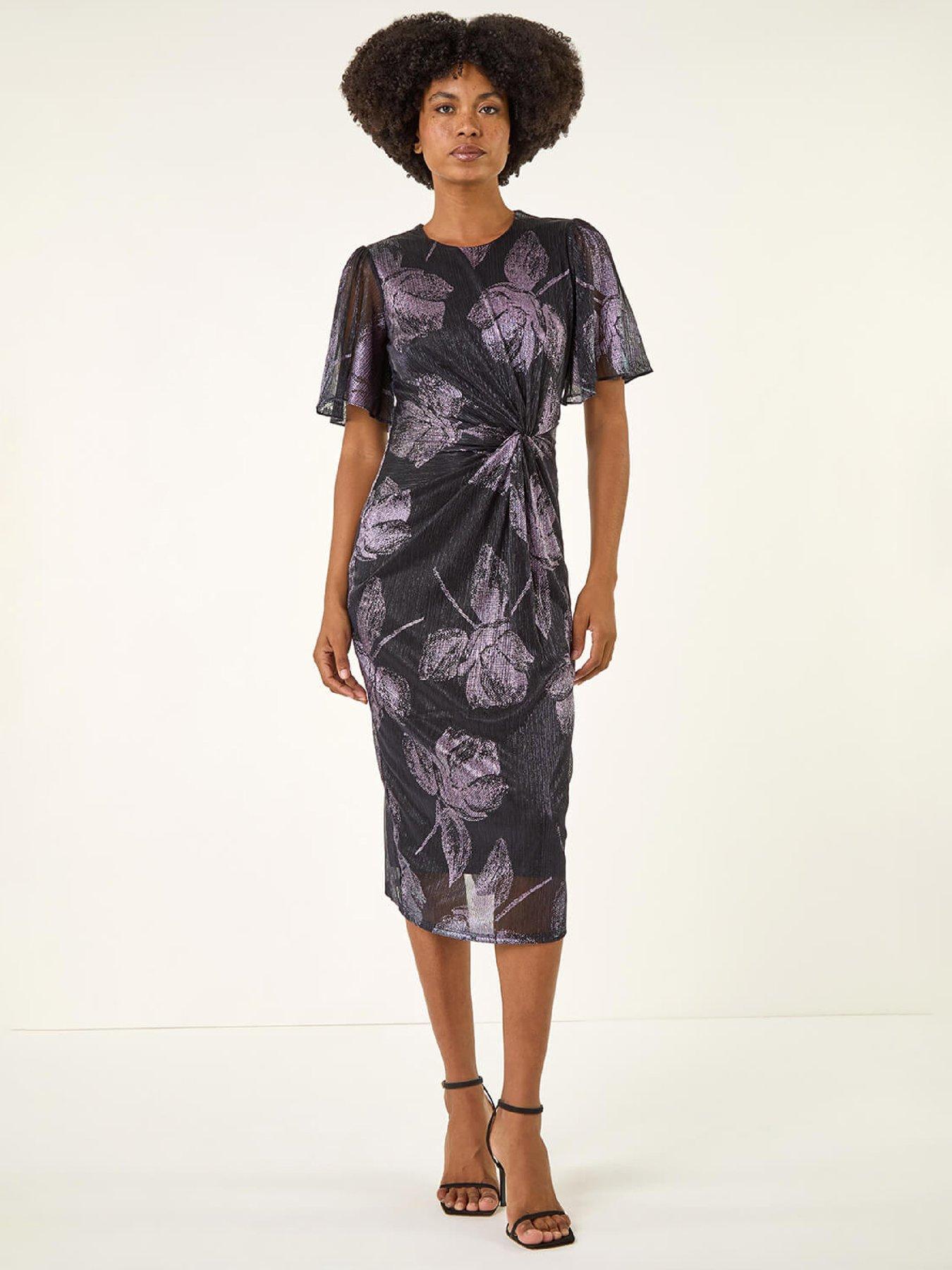 Roman Foil Print Twist Front Stretch Midi Dress - Navy