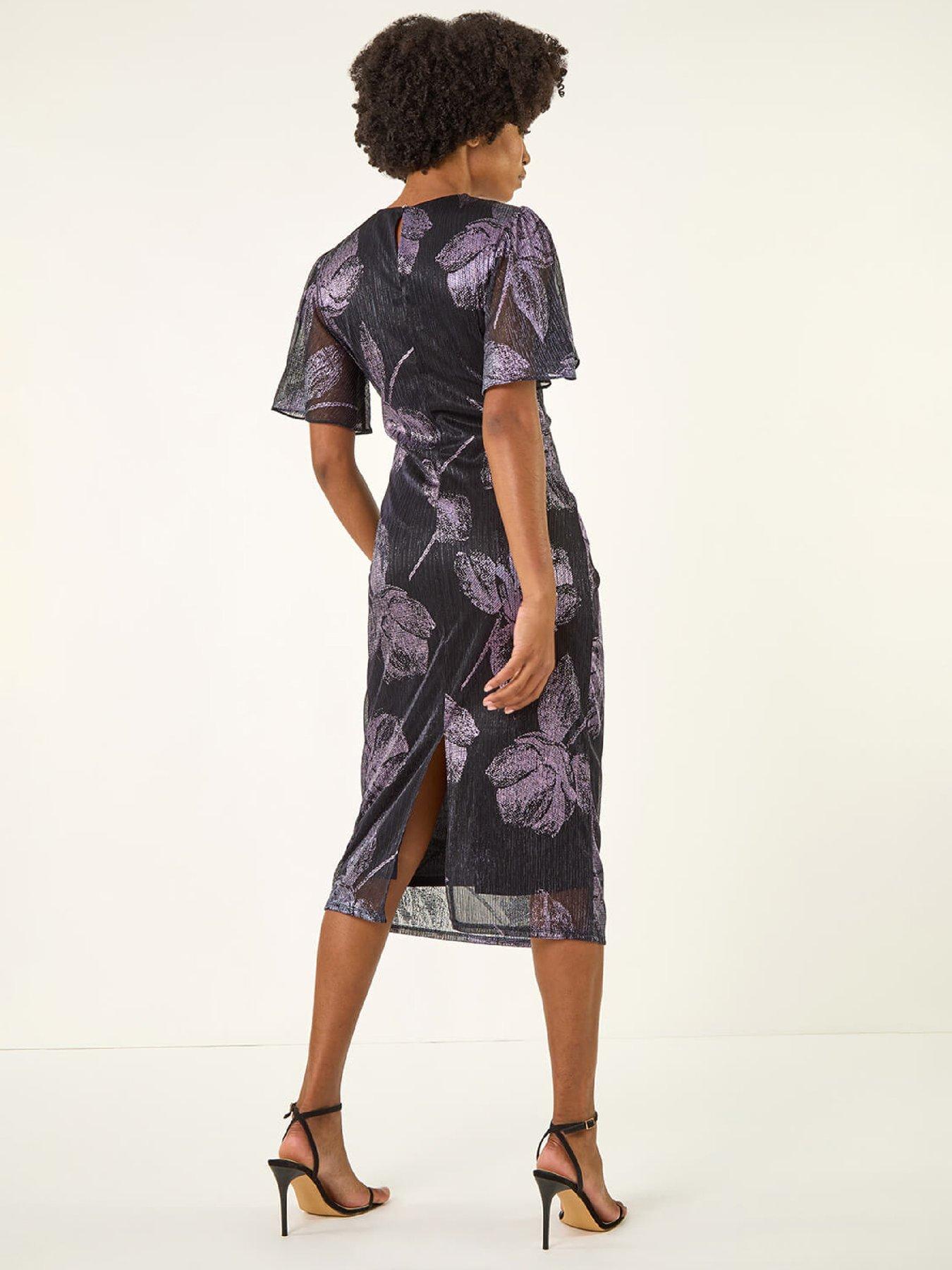 Image 2 of 5 of Roman Foil Print Twist Front Stretch Midi Dress - Navy