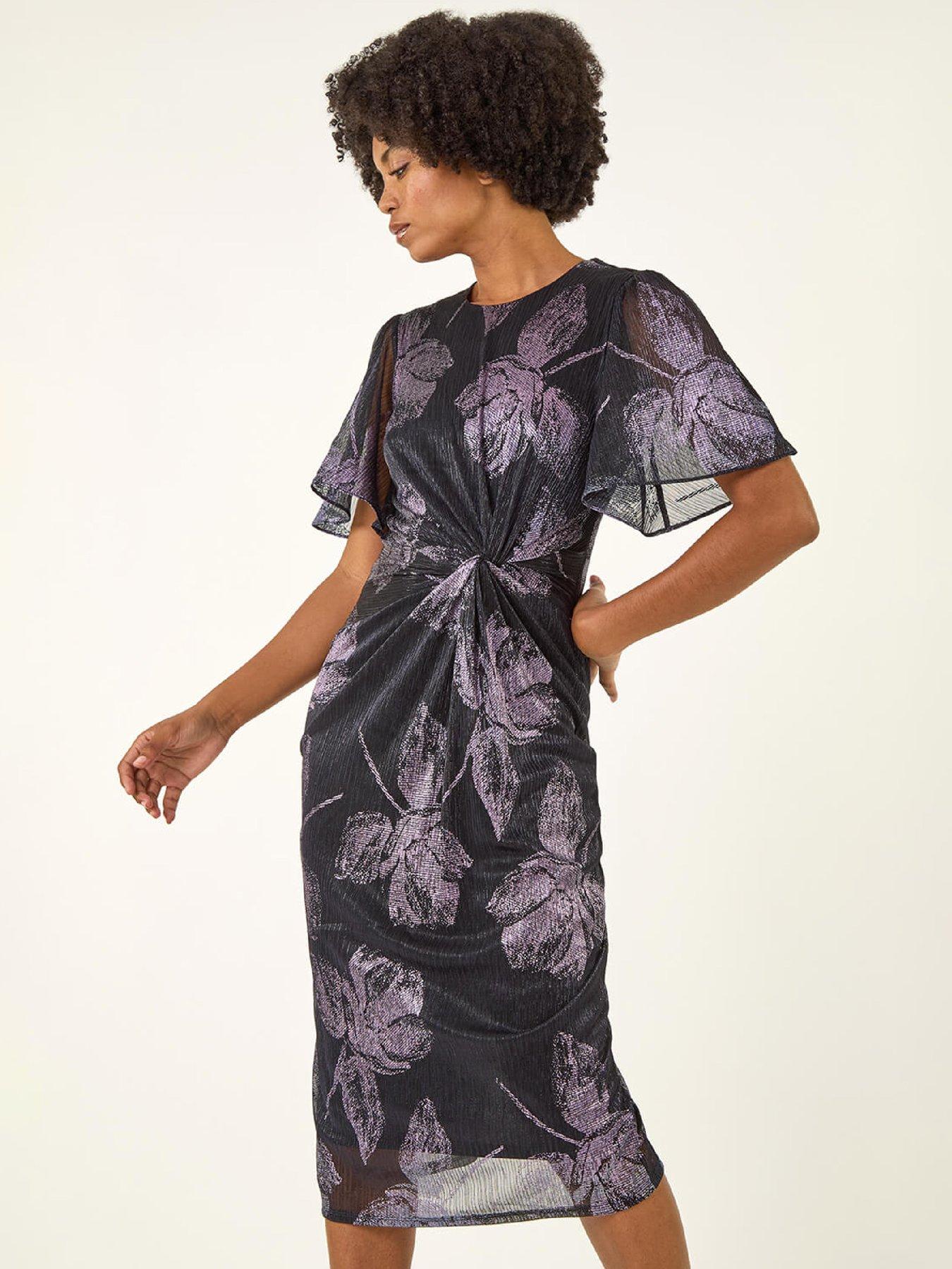 Image 3 of 5 of Roman Foil Print Twist Front Stretch Midi Dress - Navy
