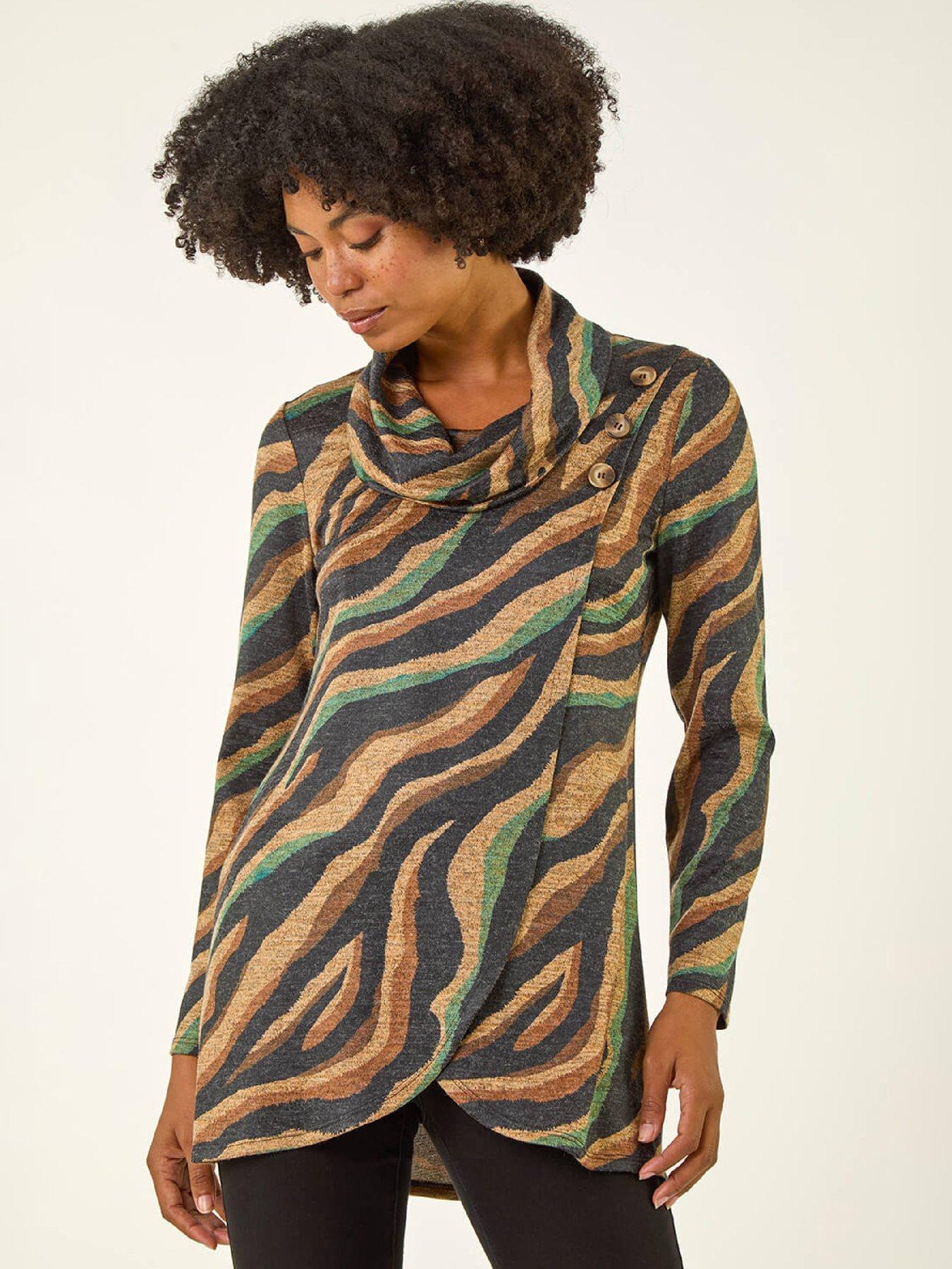 Roman Abstract Print Cowl Neck Stretch Top - Tan