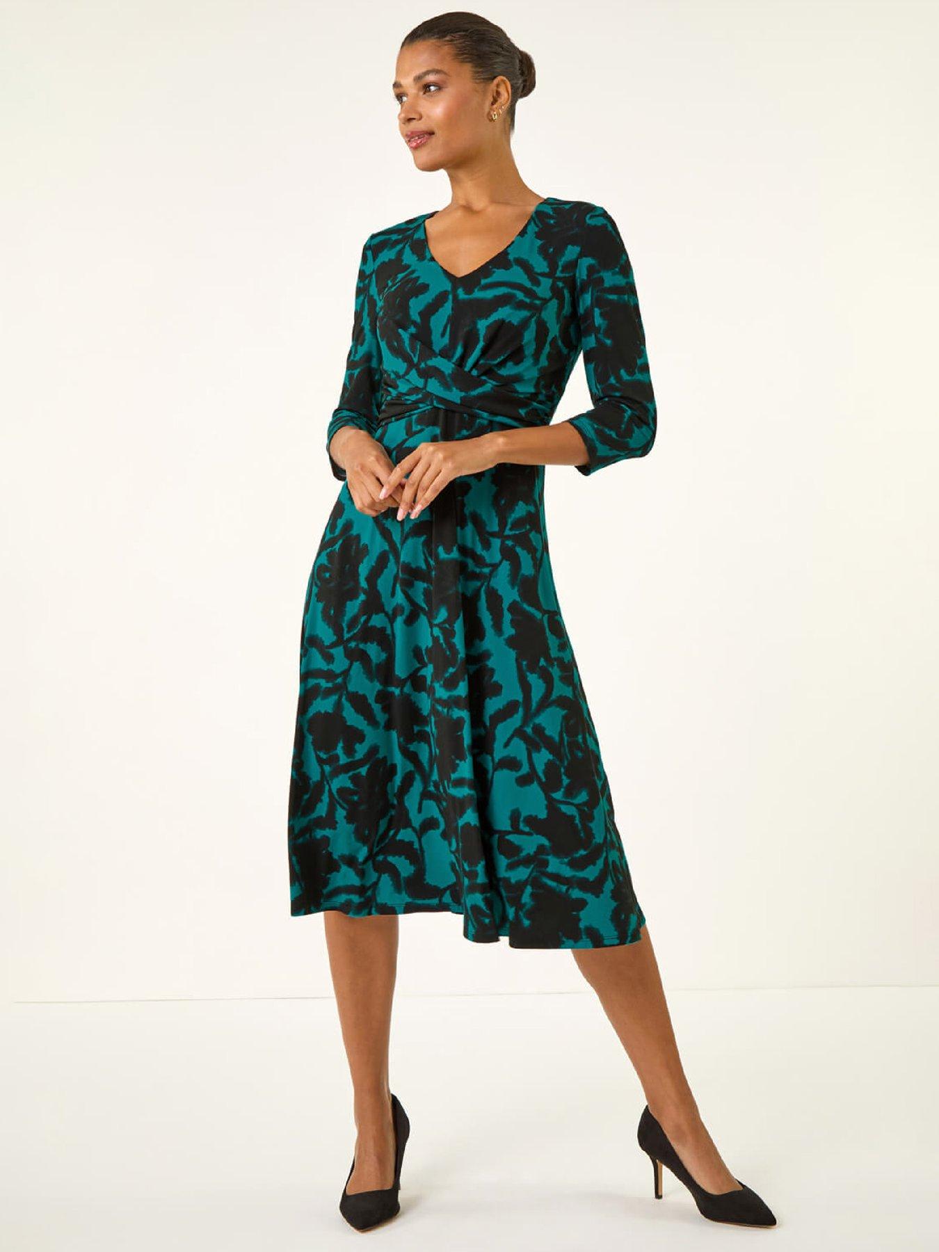 neon green and blue dress Green Neon Star on Navy Long Sleeve Midi Dress L