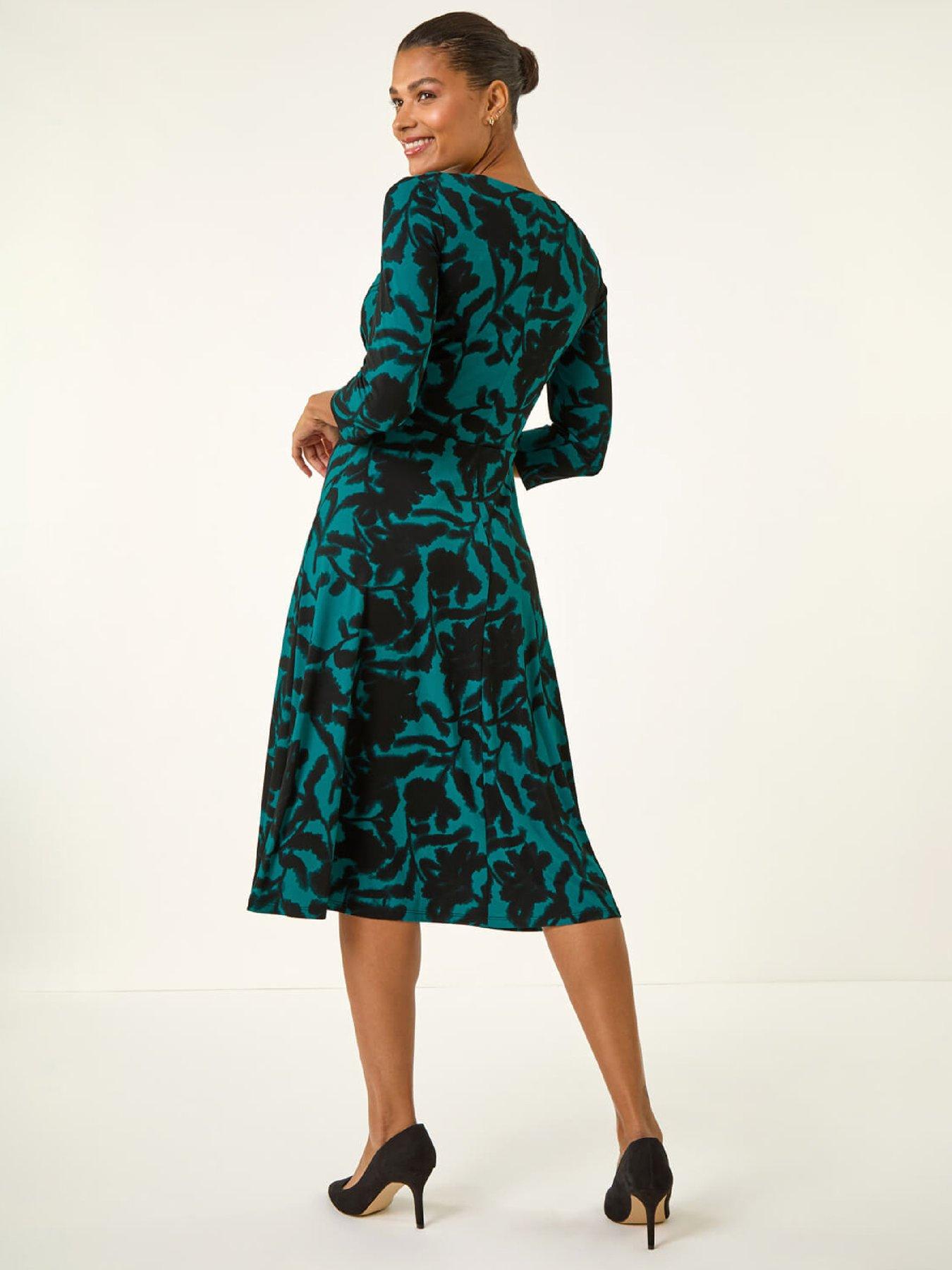 Image 2 of 5 of Roman Floral Print Wrap Midi Stretch Dress - Teal