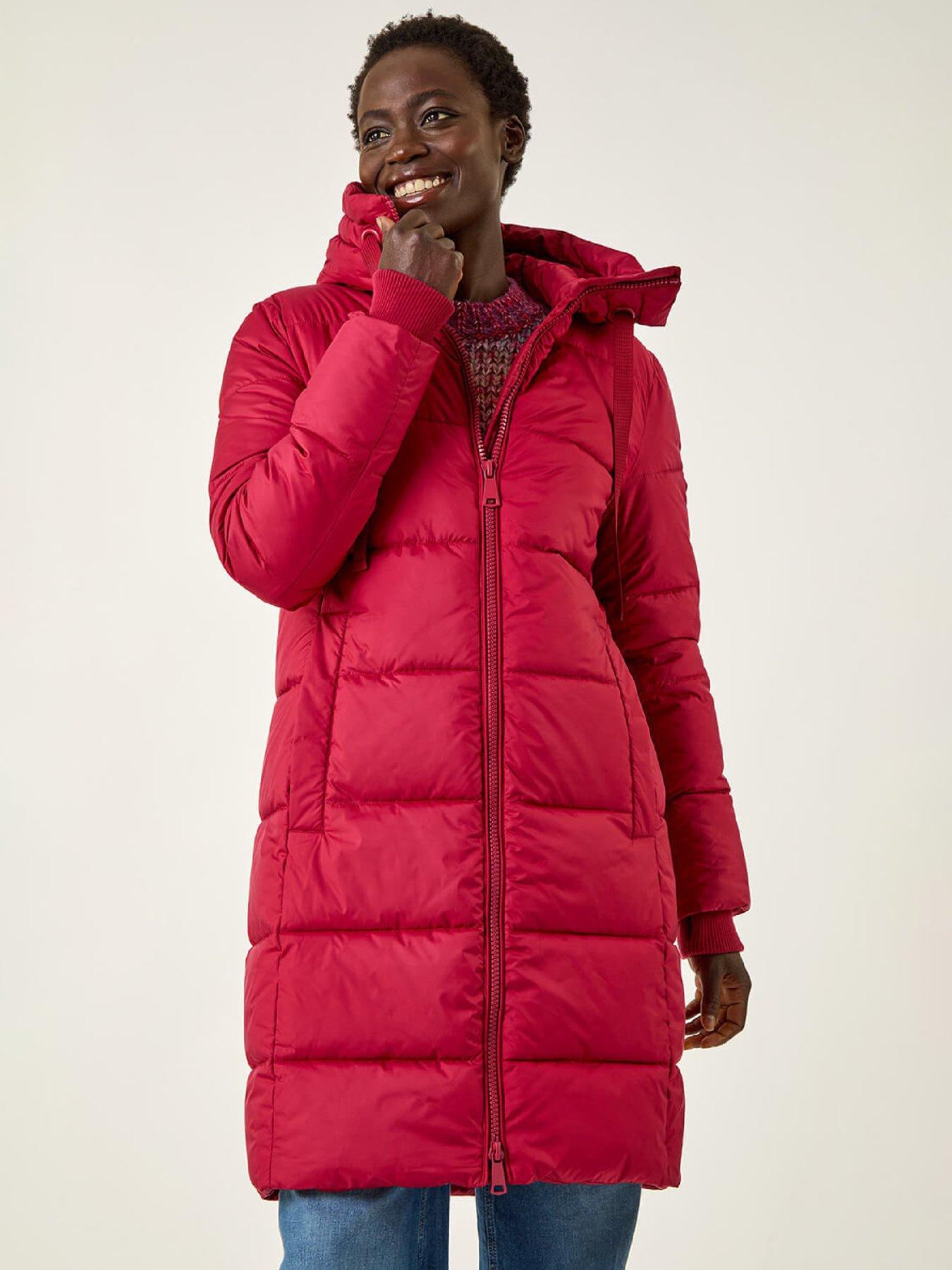 front image of roman-longline-padded-hooded-coat-red