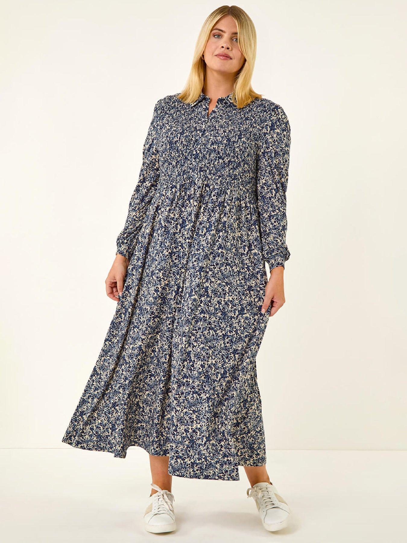 Roman Curve Abstract Print Shirred Midi Dress - Blue