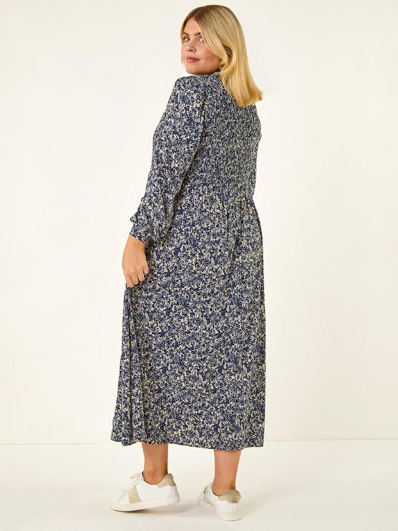 Image 2 of 5 of Roman Curve Abstract Print Shirred Midi Dress - Blue