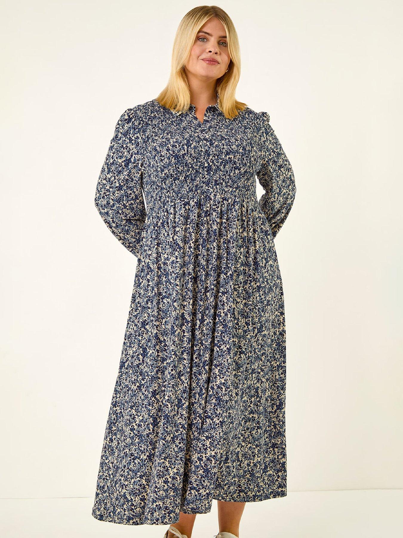 Image 3 of 5 of Roman Curve Abstract Print Shirred Midi Dress - Blue