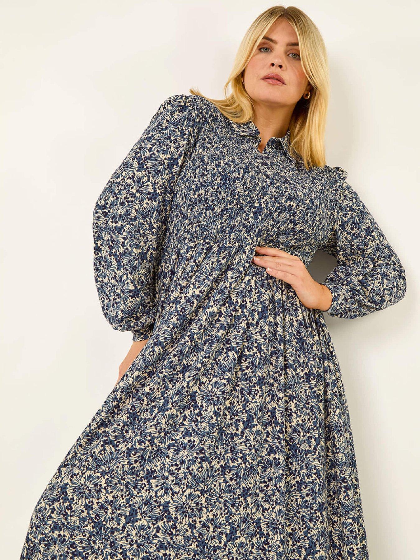 Image 4 of 5 of Roman Curve Abstract Print Shirred Midi Dress - Blue