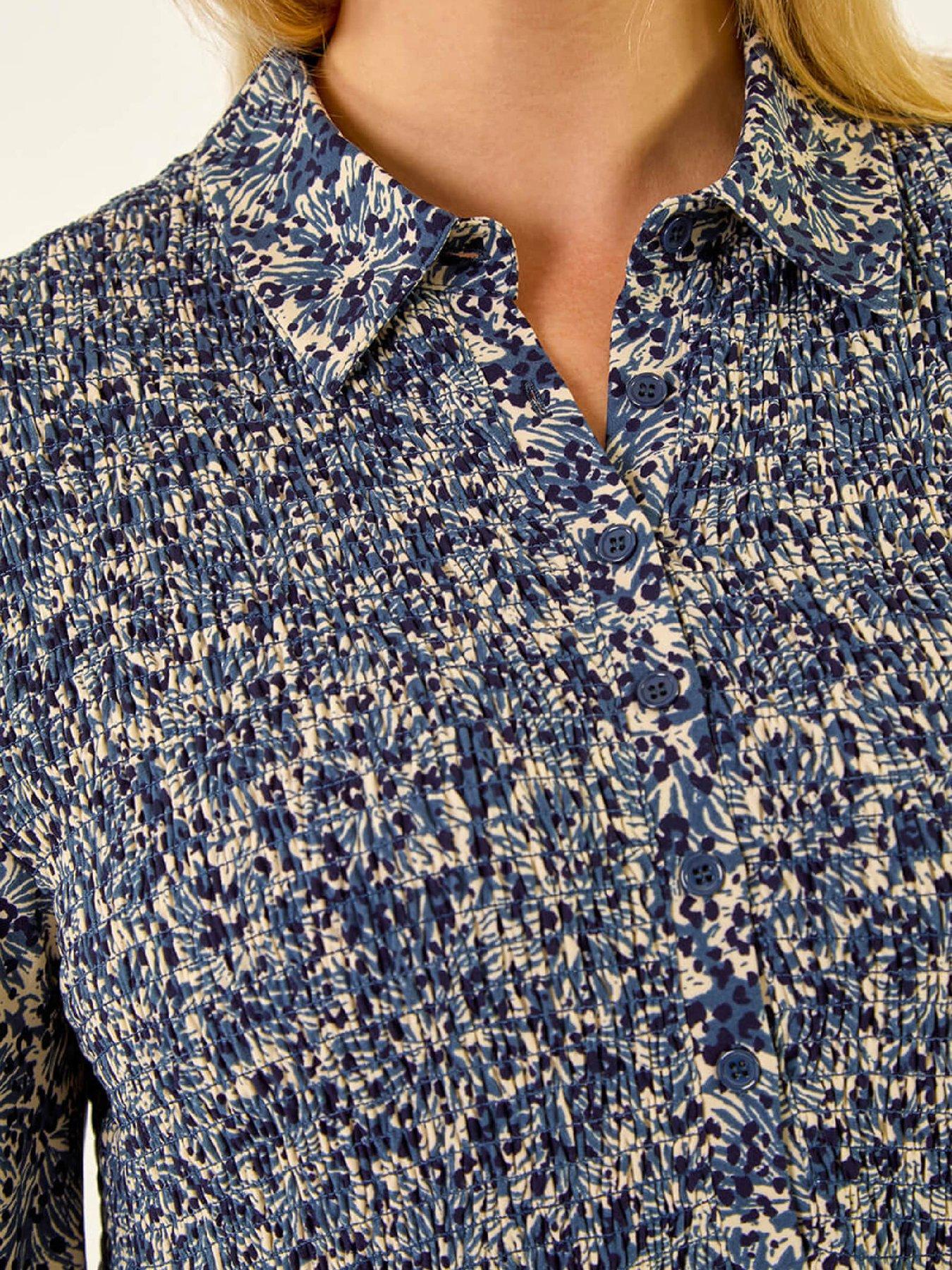 Image 5 of 5 of Roman Curve Abstract Print Shirred Midi Dress - Blue