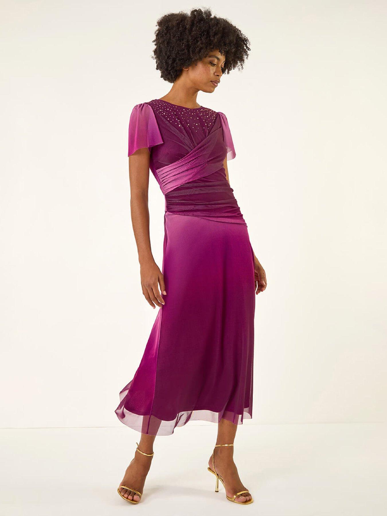Roman Embellished Ombre Mesh Midi Dress - Wine