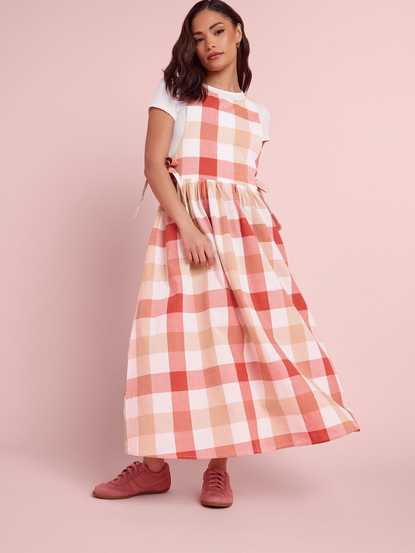 Image 1 of 6 of PixieGirl Petite Check Side Tie Midi Dress - Pink