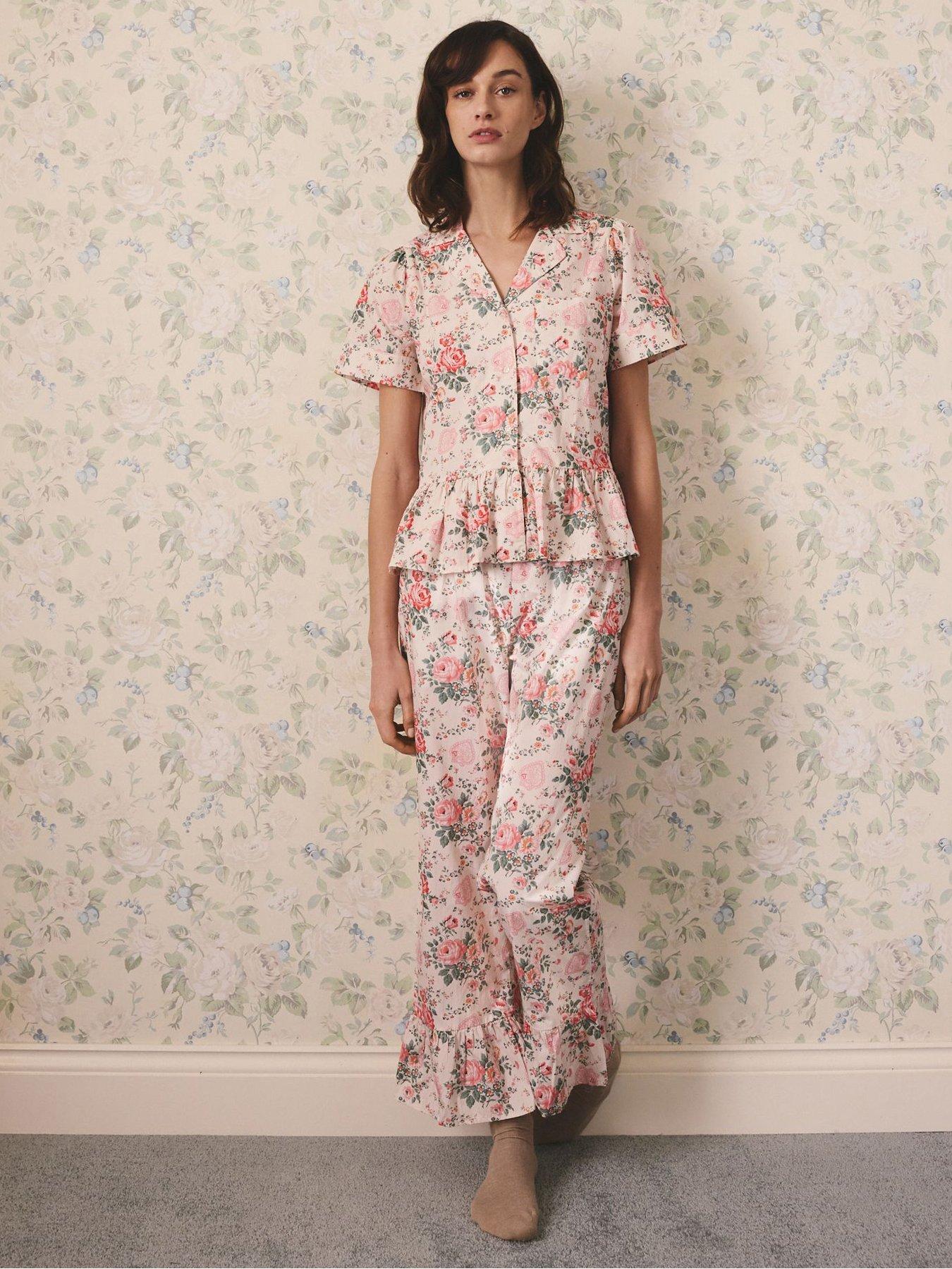 Image 1 of 7 of Cath Kidston Button Through Pyjama Set Hackney Rose Print - Cream