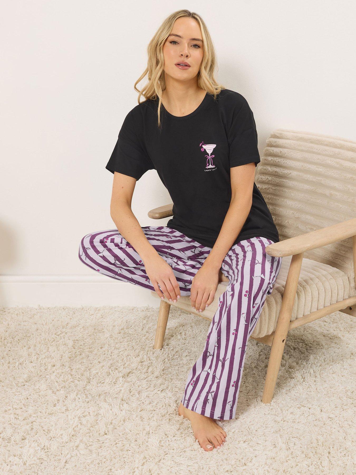 Long Tall Sally Cocktail Stripe Short Sleeve Wide Leg Pyjama Set - Black