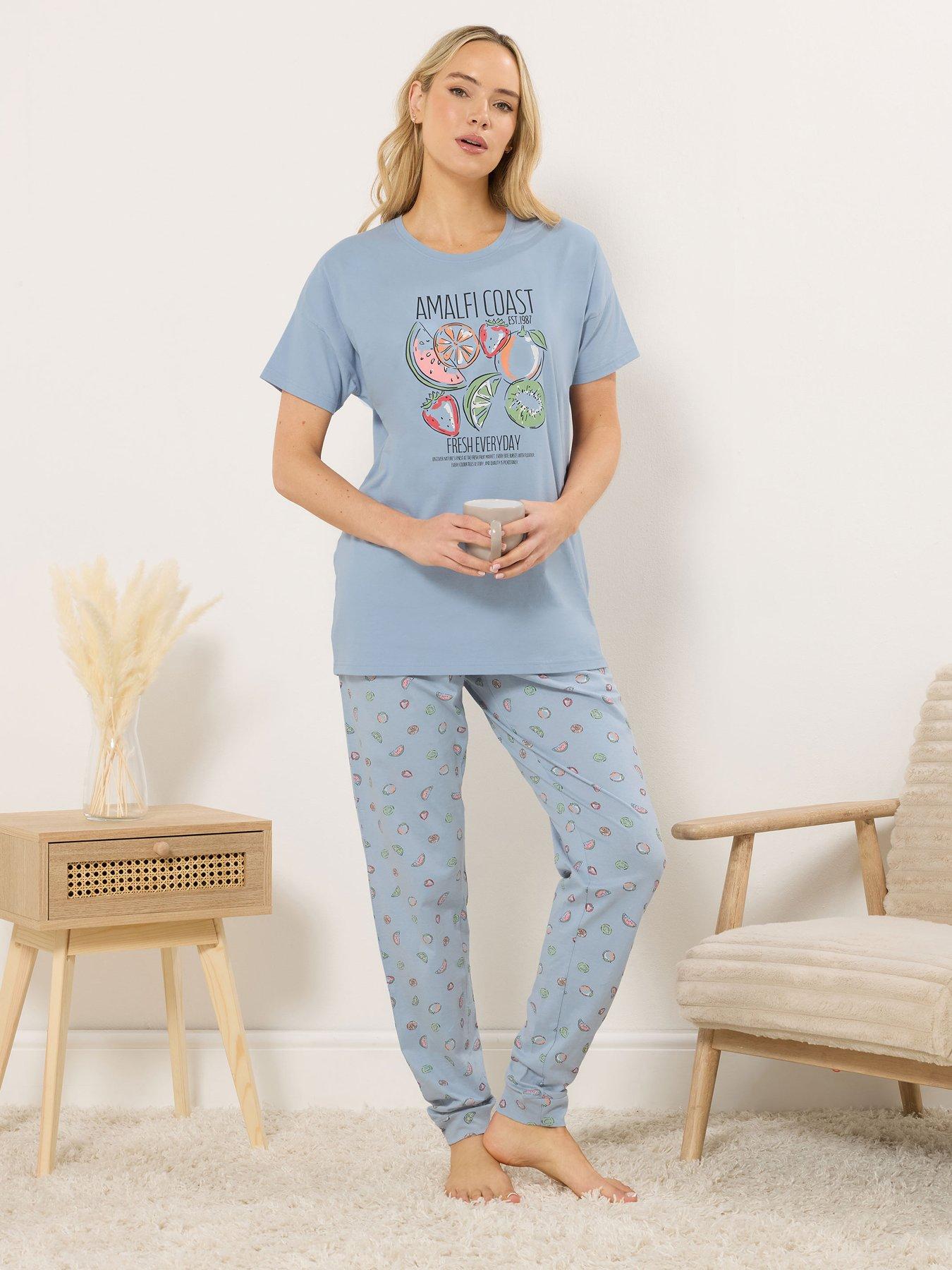 Long Tall Sally Summer Fruits Short Sleeve Cuffed Leg Pyjama Set - Blue