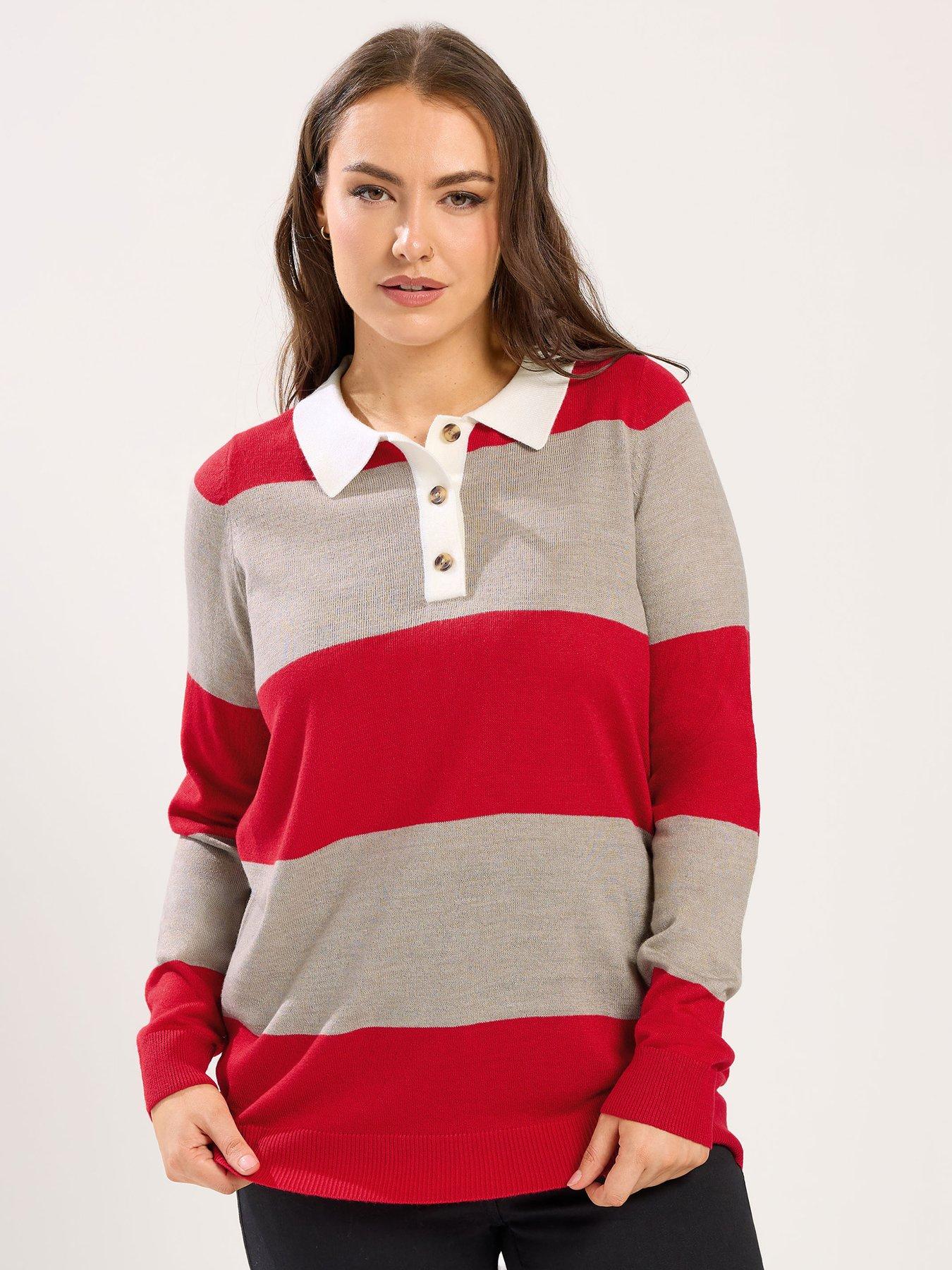 Yours Curve Fine Gauge Rugby Jumper - Red