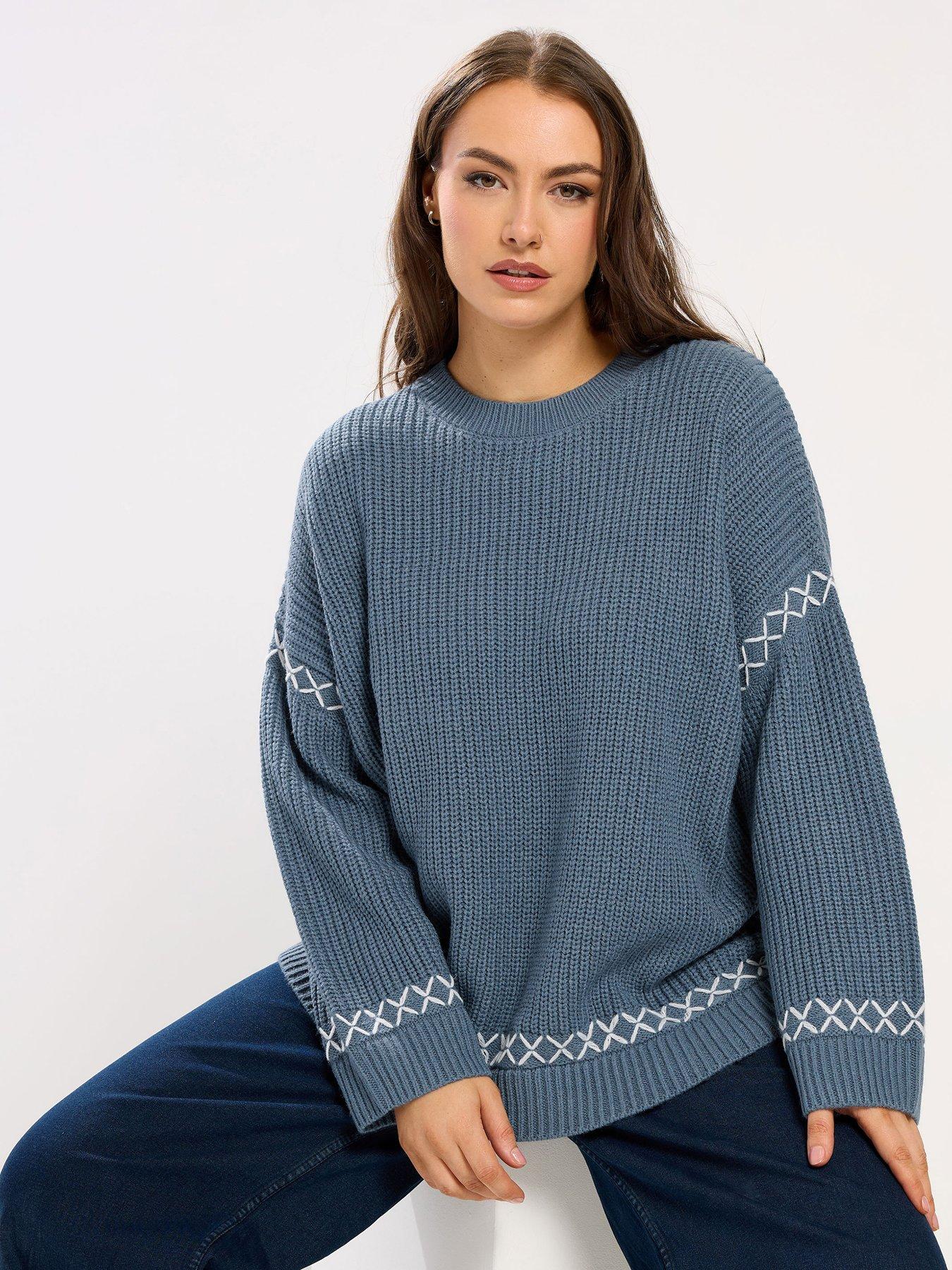 Yours Curve Blanket Stitch Jumper - Blue
