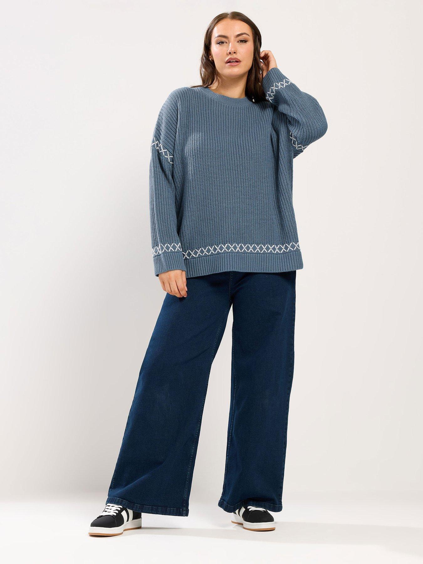 Image 3 of 6 of Yours Curve Blanket Stitch Jumper - Blue