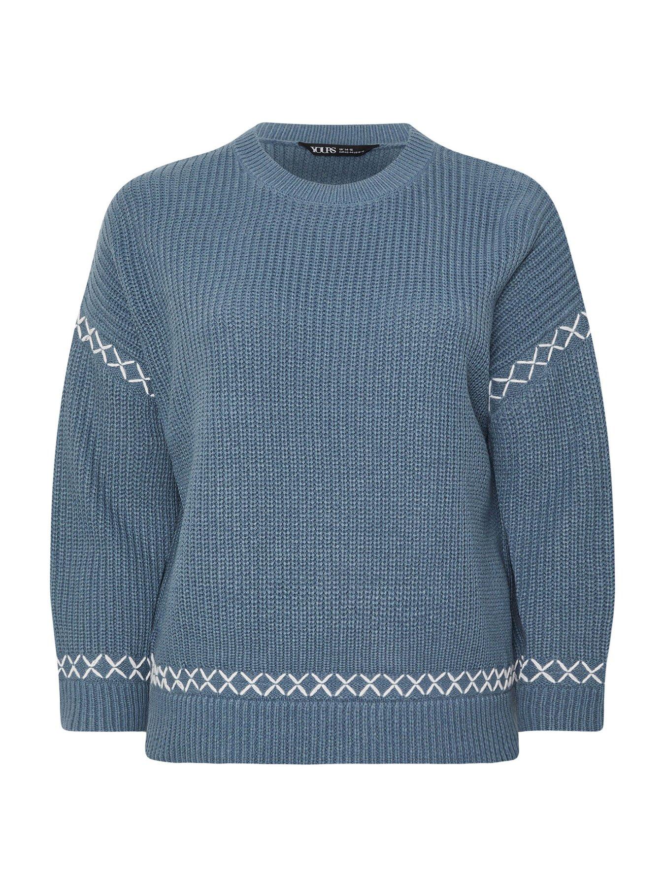 Image 6 of 6 of Yours Curve Blanket Stitch Jumper - Blue
